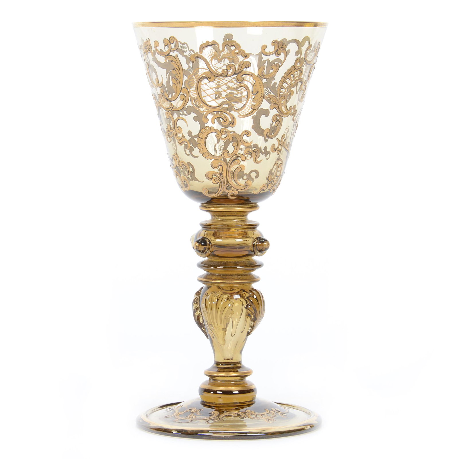 Chalice, German Art Glass, Moser Style: Chalice, German Art Glass, Moser Style, 9.25" x 4.5", Solid Amber With Extensive Gold Enamel Scroll Design, Artist Signed "L. Wessel Bonn", Circa 1885, Gary Baldwin Collection