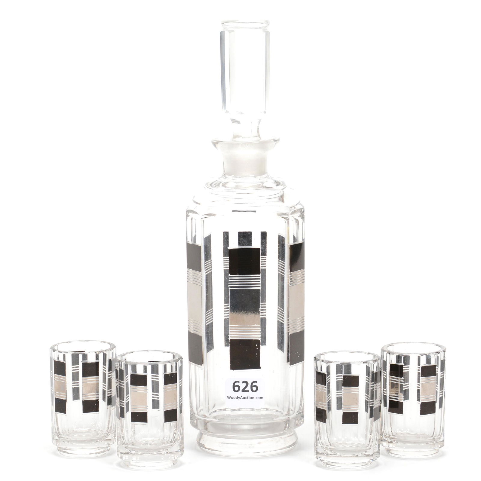 Decanter Set, Czechoslovakia Cubistic Art Deco: Decanter Set, Czechoslovakia Cubistic Art Deco, Designed By Karl Palda, Clear Crystal With Black And Silver Painted Highlights, (1) 9.75" Decanter, (4) 2.5" Whiskey Glasses, Gary Baldwin Collection