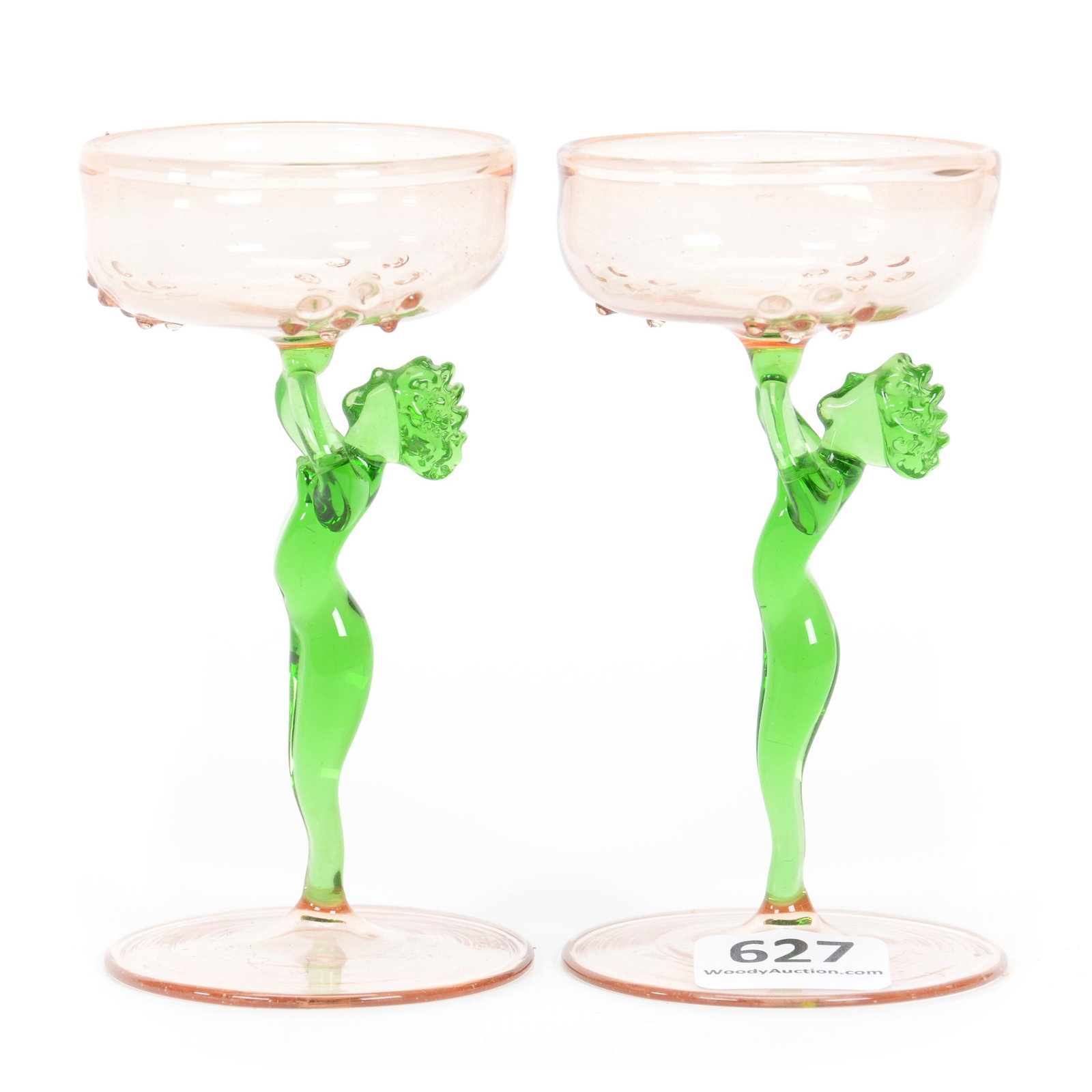 (2) Cordial Stems, Bimini Art Glass: (2) Cordial Stems, Bimini Art Glass, 3.75", Pink Bowls With Green Figural Nude Stems, Circa 1910, Gary Baldwin Collection