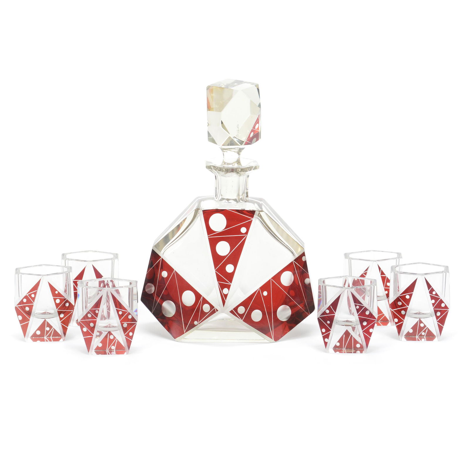 Decanter Set, Czechoslovakia Cubistic Art Deco: Decanter Set, Czechoslovakia Cubistic Art Deco, Ruby Flash With Geometric Highlights, (1) 8.5" Decanter, (6) 2.25" Whiskey Glasses, Gary Baldwin Collection