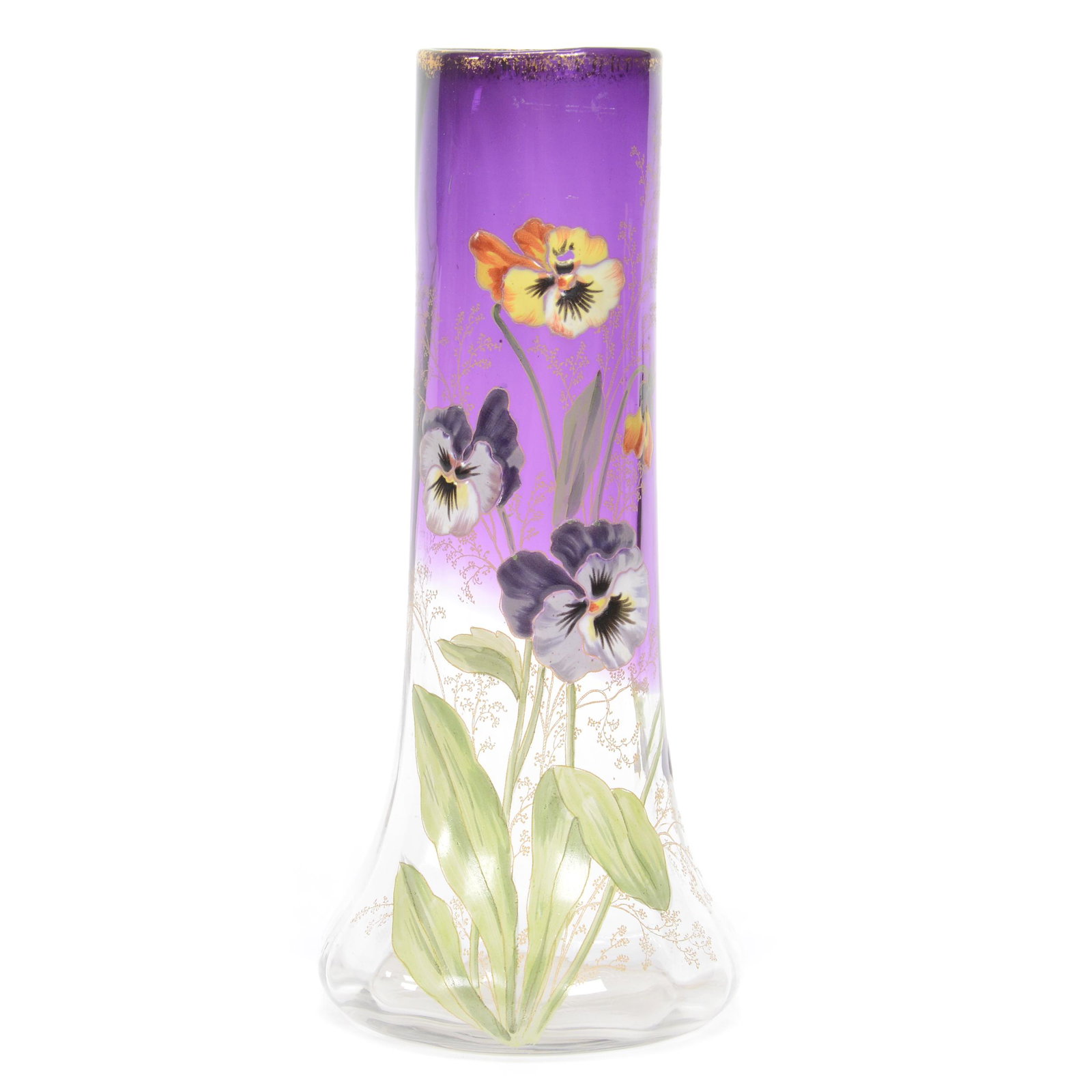 Vase, Moser Art Glass, Amethyst To Clear: Vase, Moser Art Glass, Amethyst To Clear, 10.25", Heavily Enameled Pansy Decor, Circa 1920, Gary Baldwin Collection