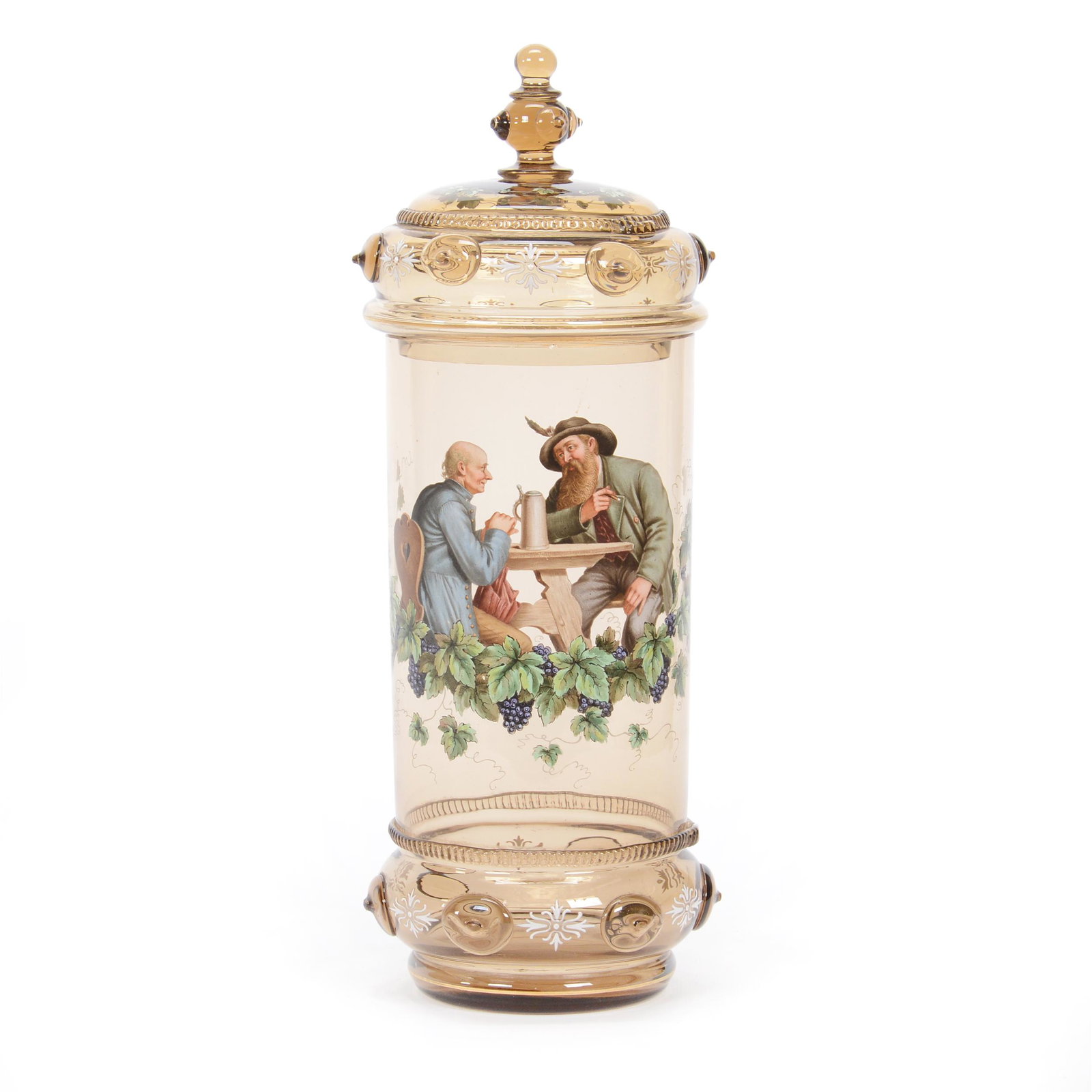 Pokal, Bohemian Art Glass: Pokal, Bohemian Art Glass, 14" x 5", Solid Amber With Applied Prunts, Incredibly Detailed Enameled Tavern Scene With Vintage Highlights, Circa 1885, Tiny Rim Nick, Gary Baldwin Collection
