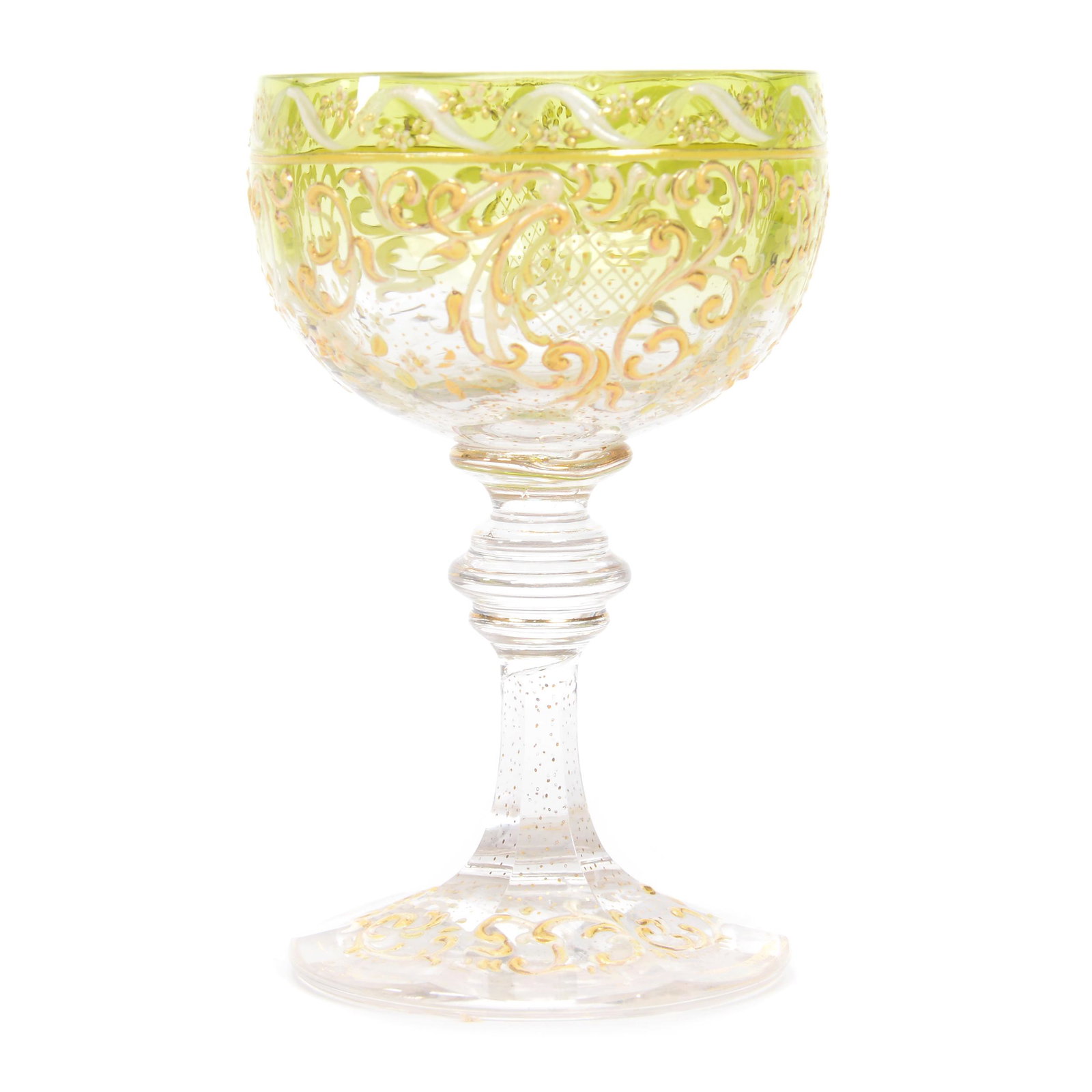 Wine Stem, Moser Art Glass: Wine Stem, Moser Art Glass, 4", Green Shading To Clear, Colorful Yellow And White Enamel Floral And Scroll Design, Circa 1885, Gary Baldwin Collection