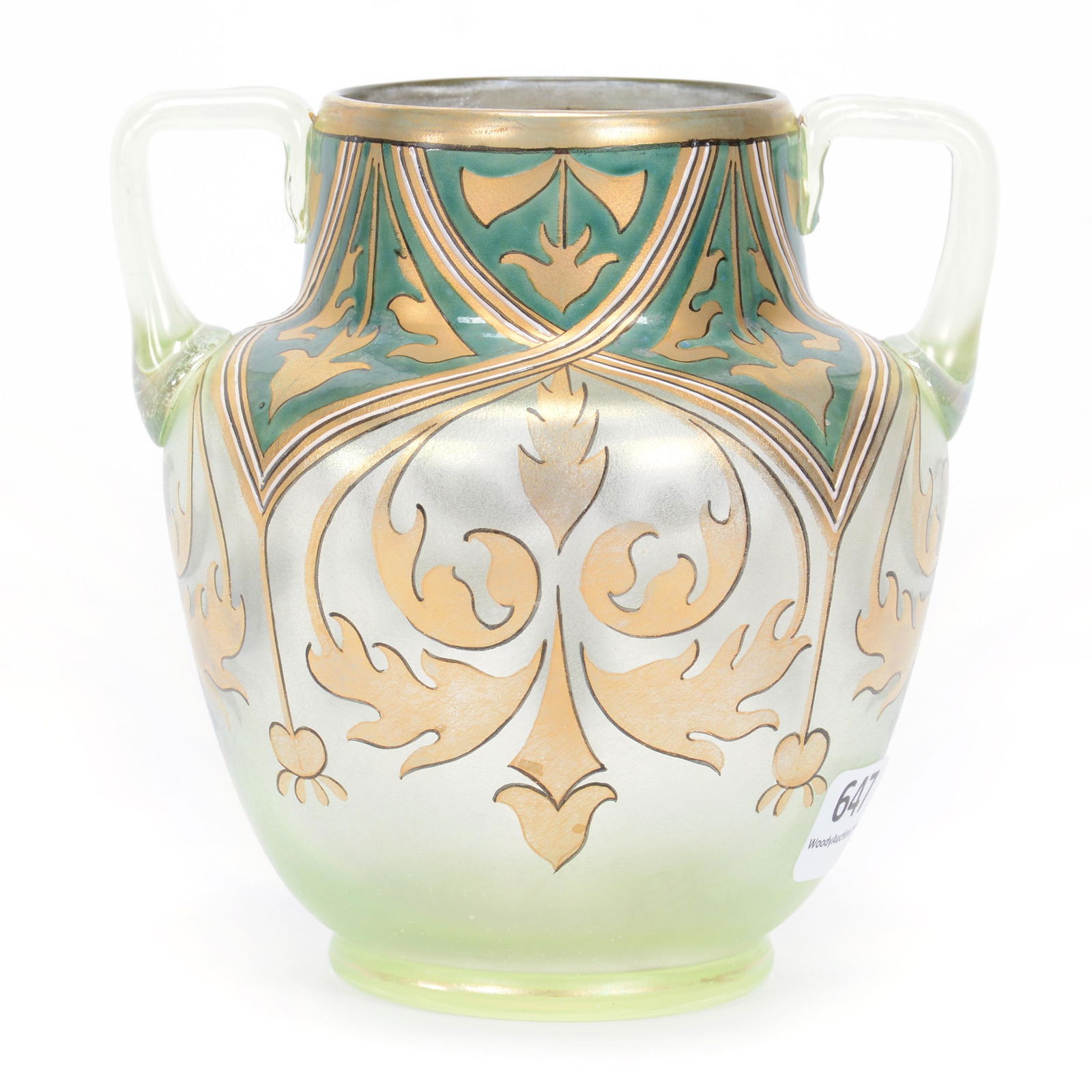 Vase, Two Handles, Attributed To Fritz Heckert: Vase, Two Handles, Attributed To Fritz Heckert, 5" x 4.75", Iridescent Ice Green Background With Green And Gold Stencil Highlights, Gary Baldwin Collection