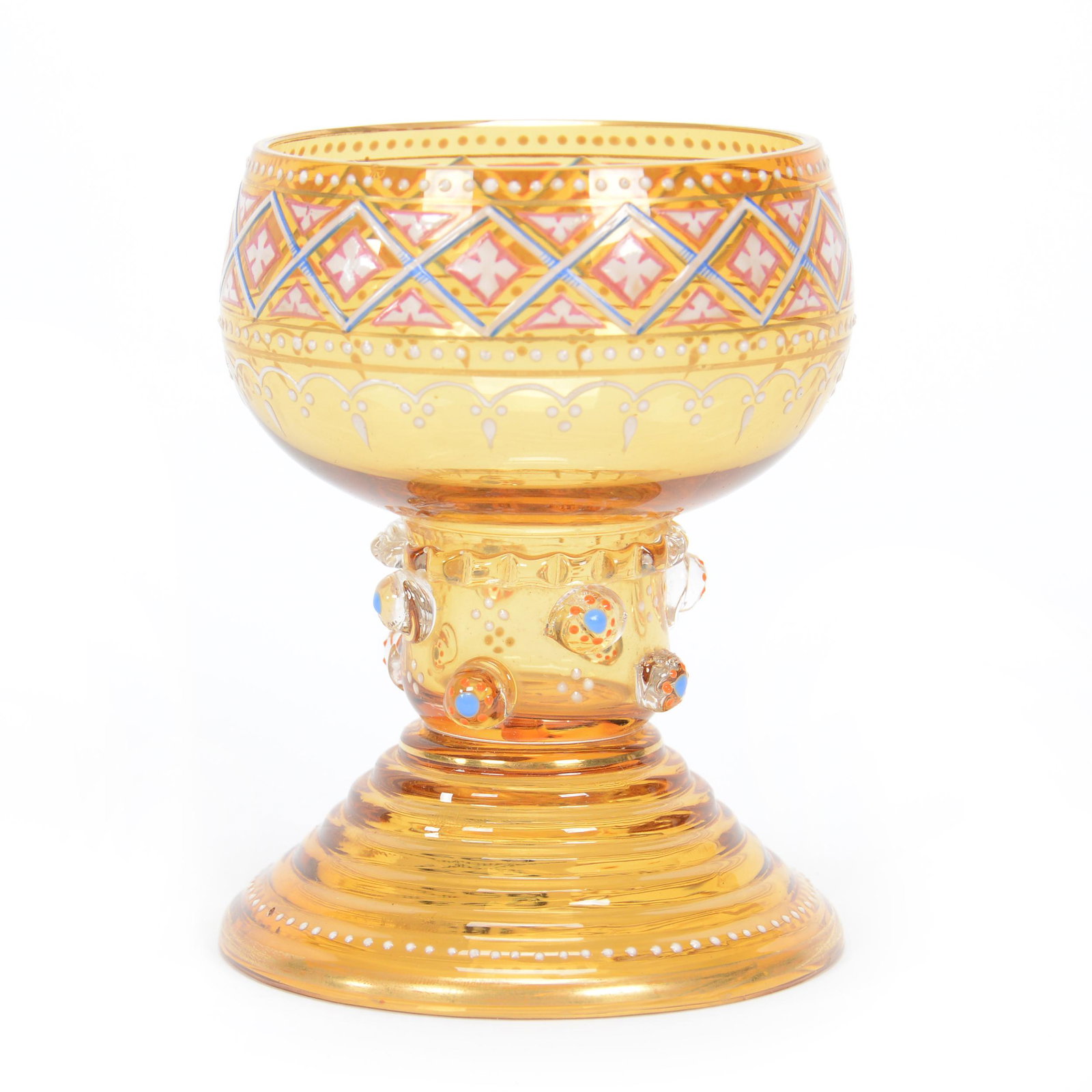 Pedestal Cup, Moser Amber Art Glass: Pedestal Cup, Moser Amber Art Glass, 3.5", Enamel Decor, Applied Prunts, Circa 1885, Gary Baldwin Collection