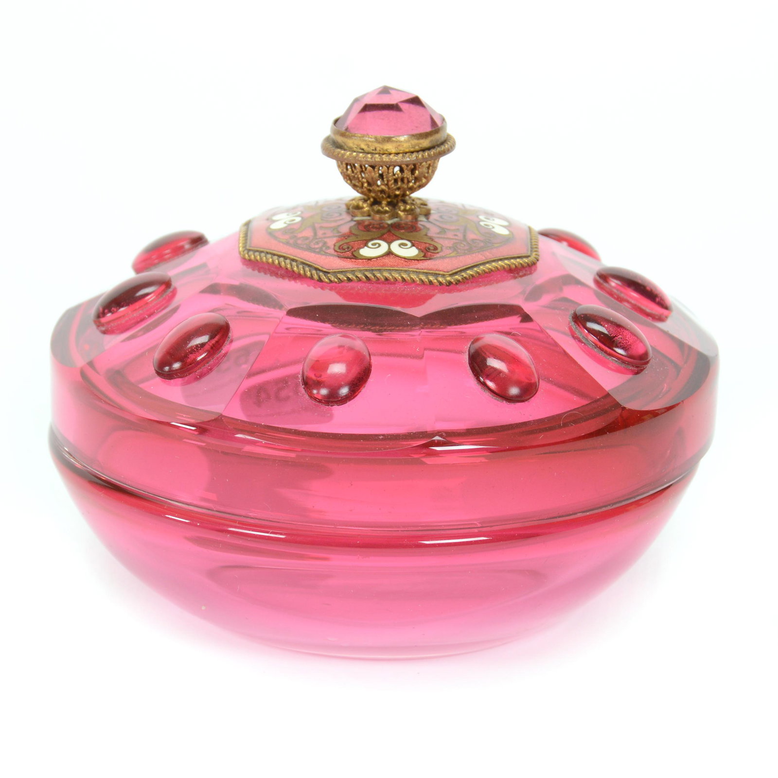 Covered Box, Moser Style Rubina Art Glass: Covered Box, Moser Style Rubina Art Glass, 2.75" x 3.5", Lid Has Ten Cabochons With French Enamel Highlights, Facet Cut Finial, Gary Baldwin Collection