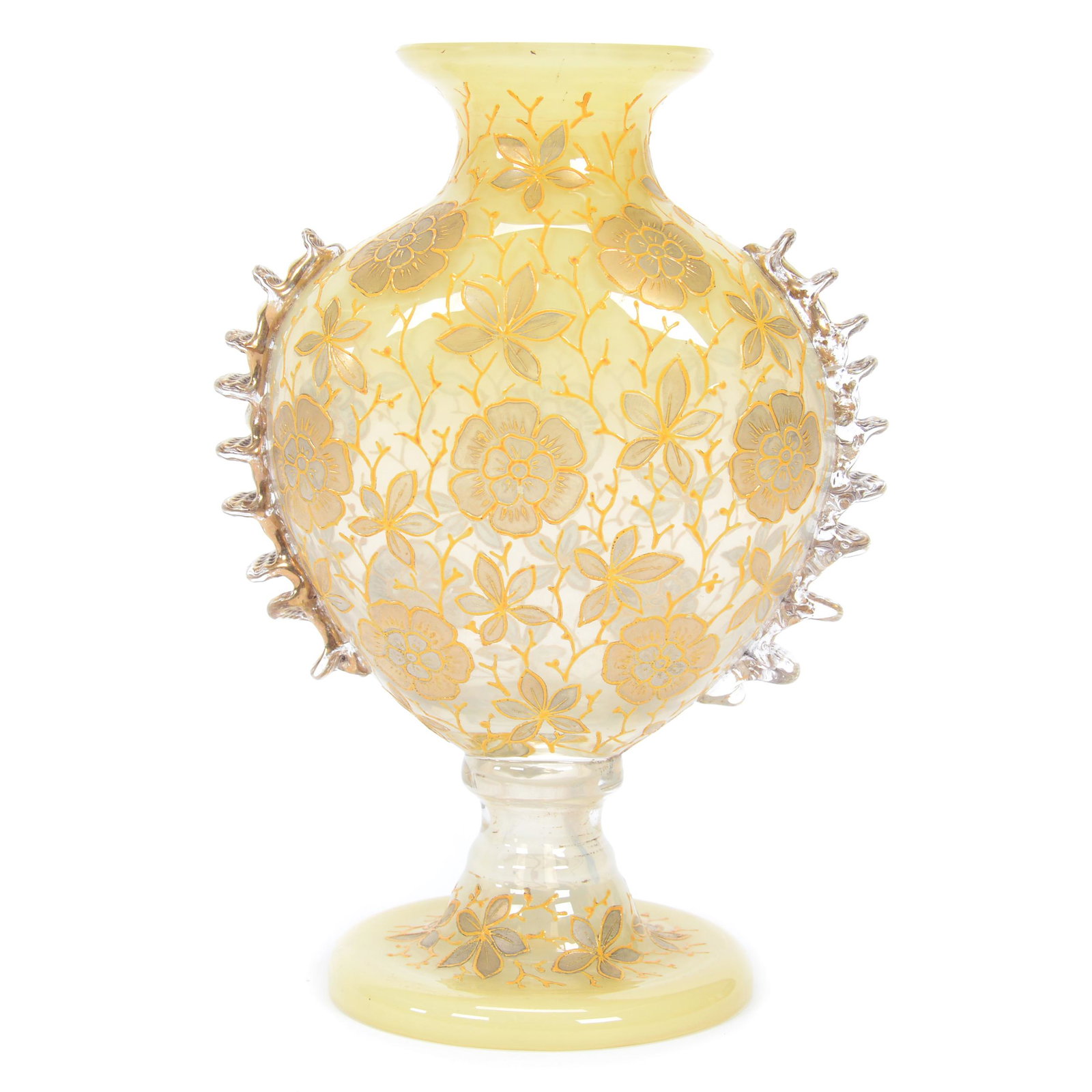 Pedestal Vase, Moser Art Glass: Pedestal Vase, Moser Art Glass, 6.25" x 4.25", Yellow Translucent Shading To Opalescent, Applied Clear Ridges, Enamel Floral Decor, Circa 1885, Gary Baldwin Collection