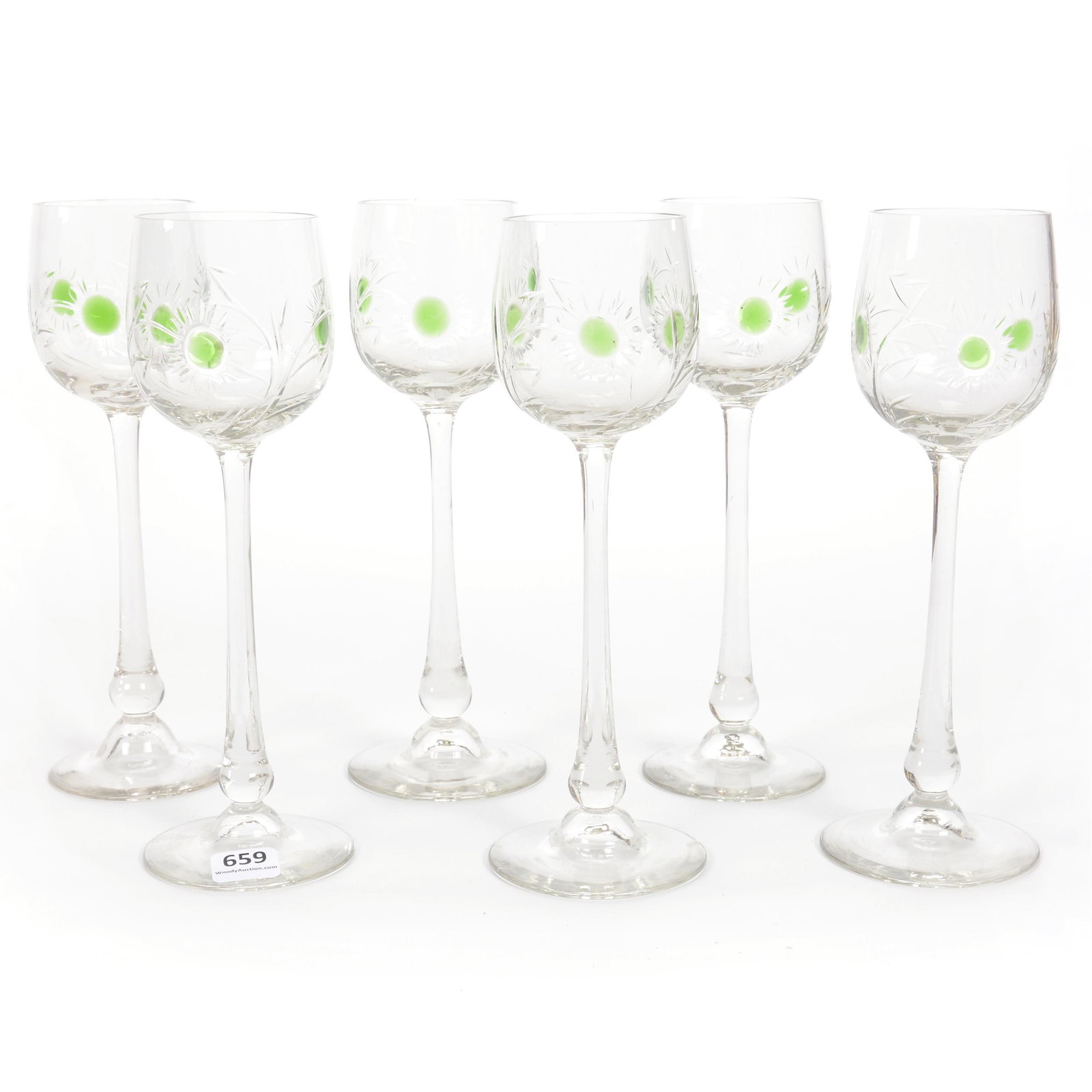(6) Wine Stems, Bohemian Marquetry Art Glass: (6) Wine Stems, Bohemian Marquetry Art Glass, 8.5", Clear Crystal With Green Marquetry And Engraved Floral Highlights, Gary Baldwin Collection