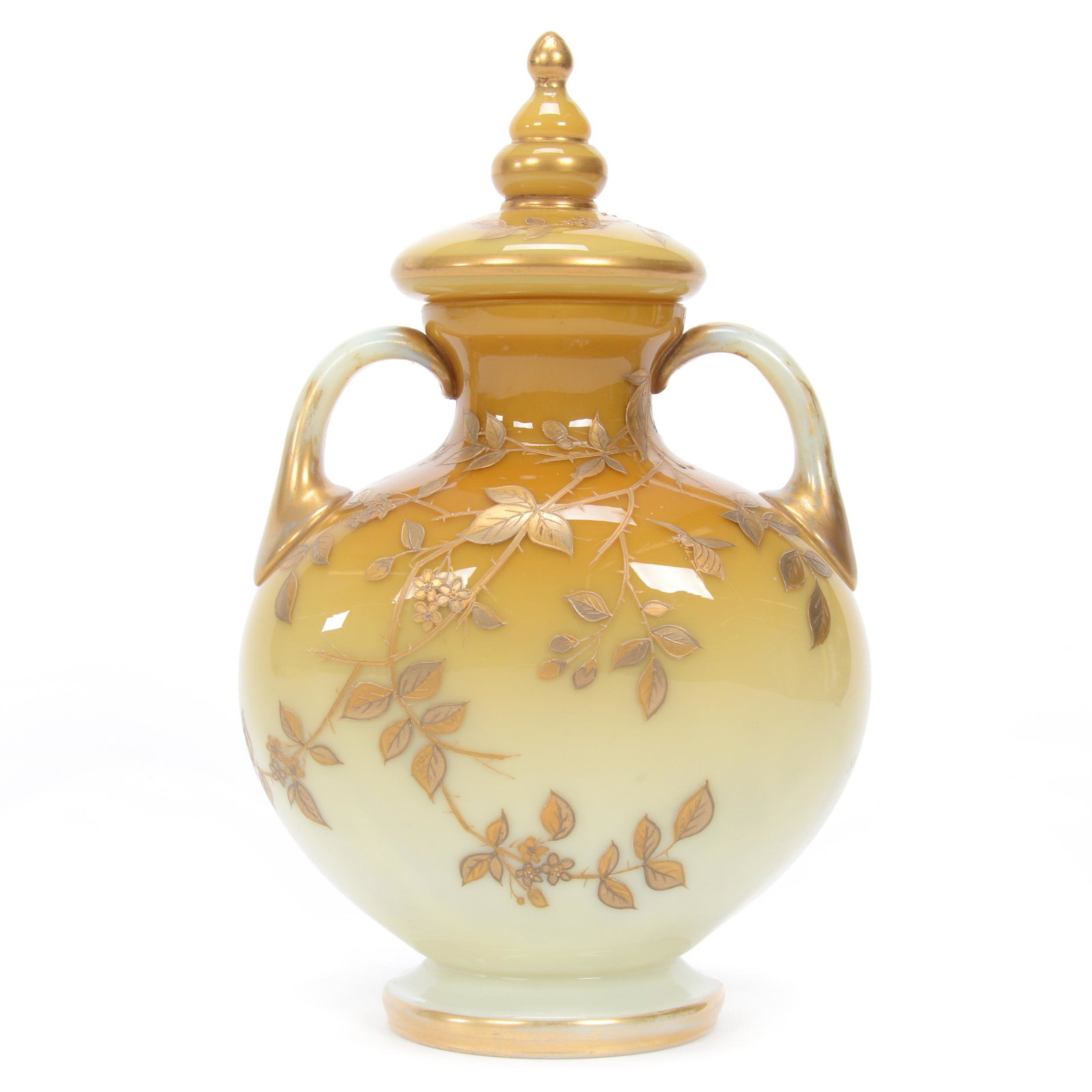 Covered Urn Marked Harrach Art Glass: Covered Urn Marked Harrach Art Glass, 10.75" x 6.75", Cased Yellow With Enamel Branch And Blossom Decor, Nice Quality, Circa 1885, Gary Baldwin Collection