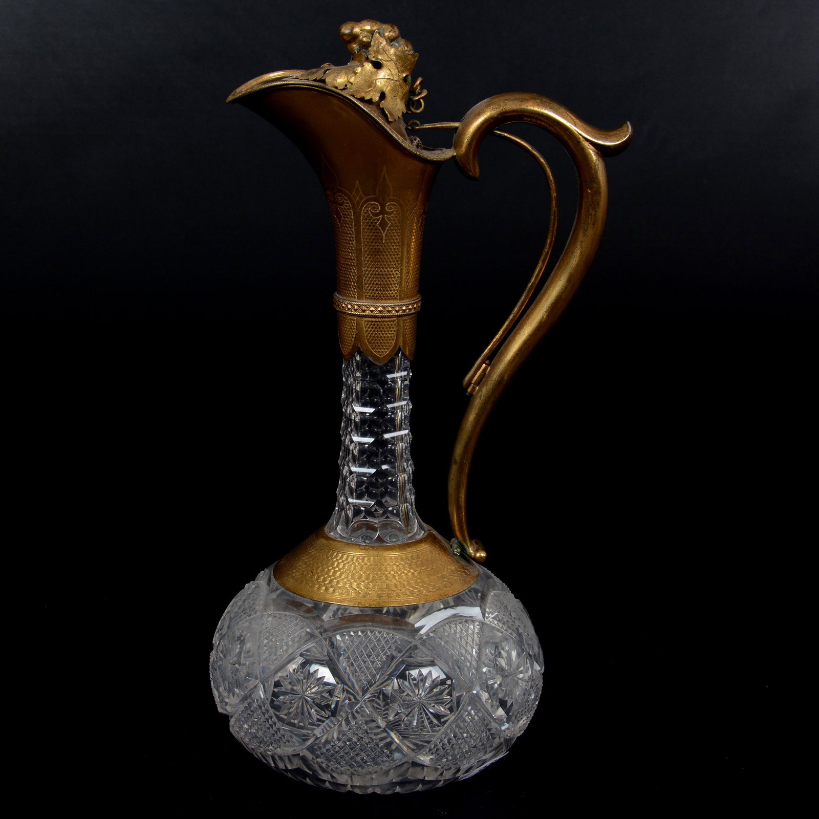 Ewer, Brilliant Period Cut Glass Body: Ewer, Brilliant Period Cut Glass Body, 12.75", Diamond Star And Punty Motif, Ray Cut Base, Elaborate Gilded Silverplate Spout And Handle With Mechanical Lid, Gary Baldwin Collection