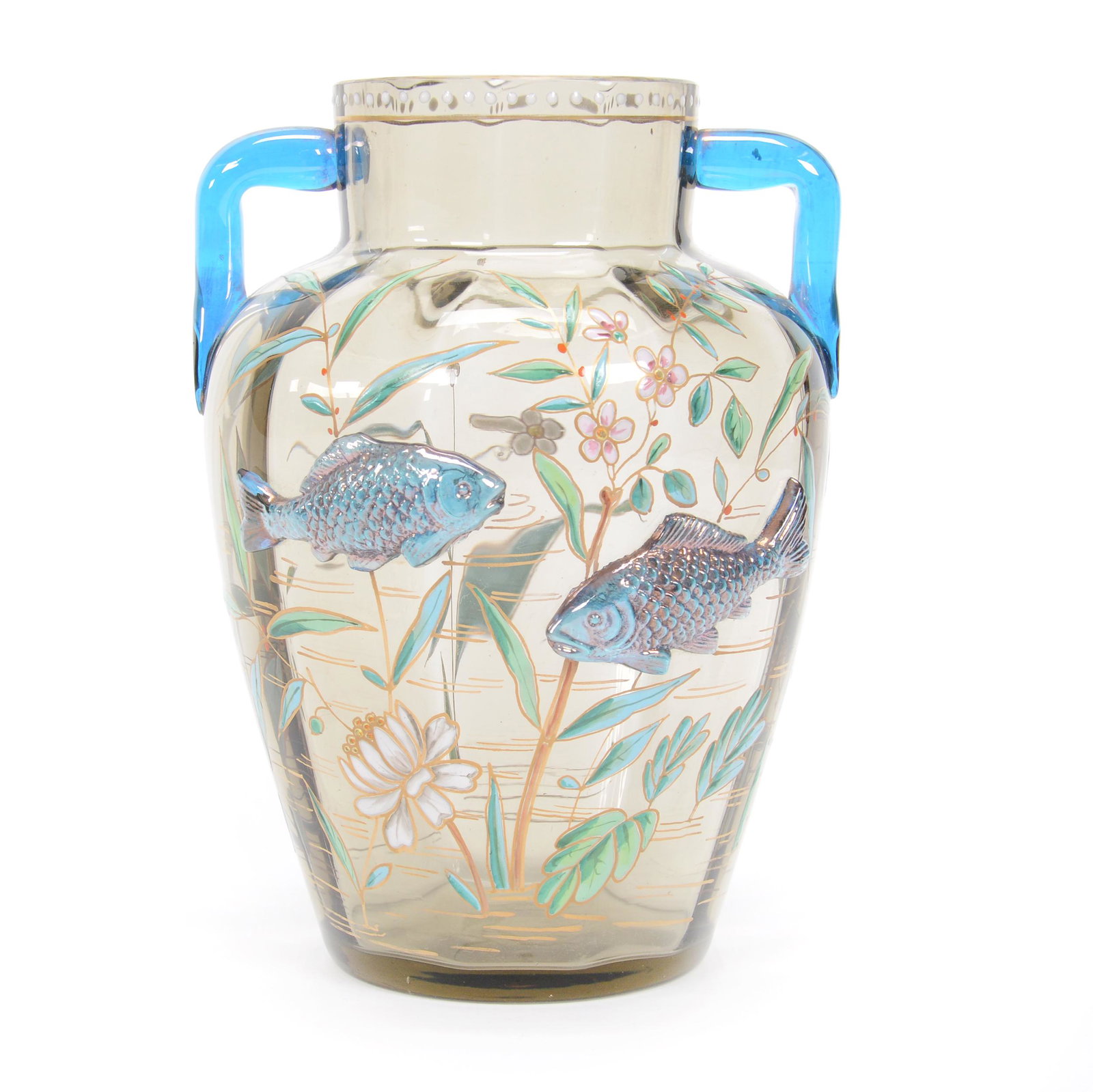 Vase, Two-Handled, Unmarked Harrach Art Glass: Vase, Two-Handled, Unmarked Harrach Art Glass, 6.25" x 4.5", Amber Body With Two Applied Blue Glass Handles, Applied Fish Design, Enamel Floral Decor, Circa 1885, Gary Baldwin Collection