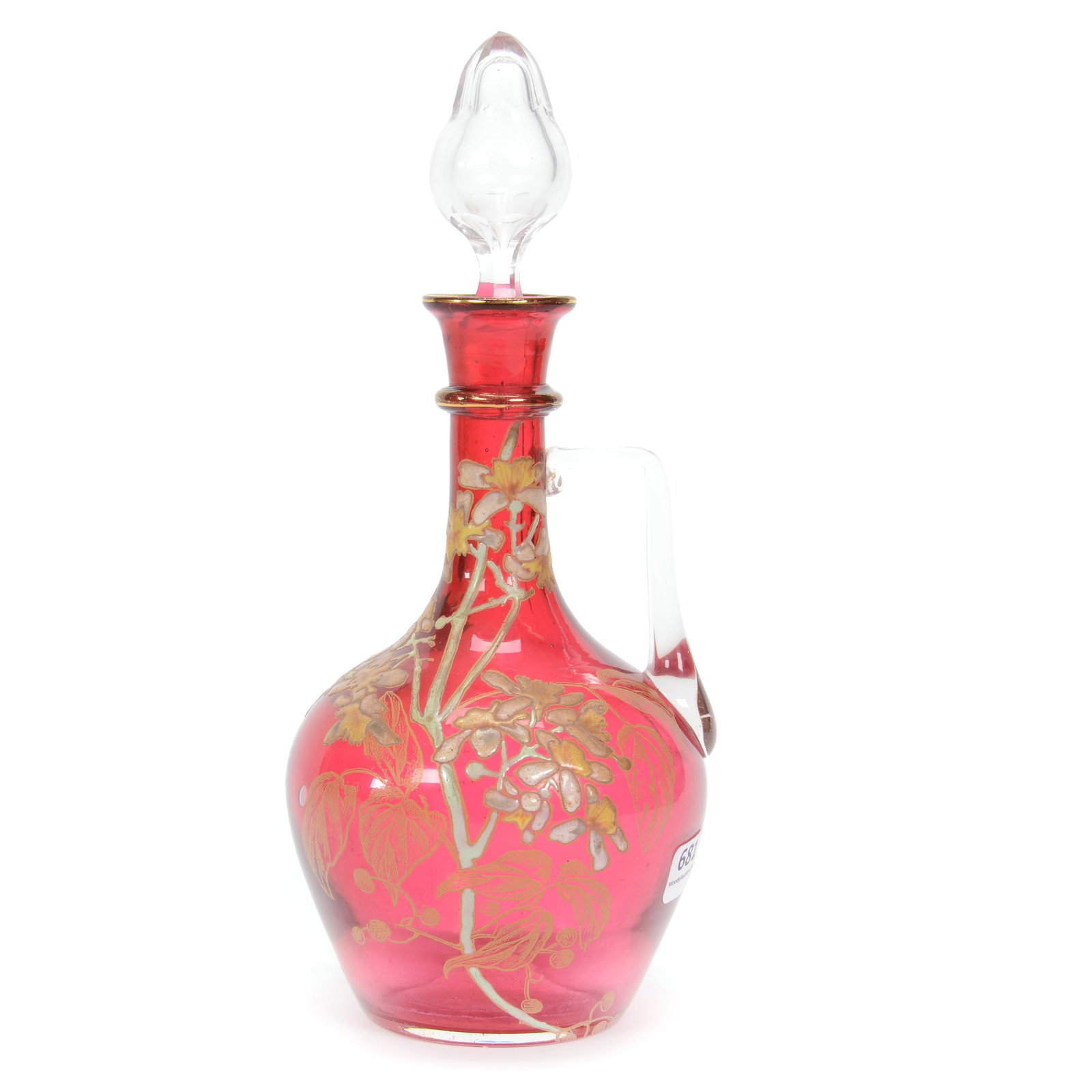 Decanter, Moser Cranberry Art Glass: Decanter, Moser Cranberry Art Glass, 10.75", Clear Applied Handle, Clear Fitted Stopper, Heavy Enamel Branch And Blossom Decor, Circa 1890's, Gary Baldwin Collection