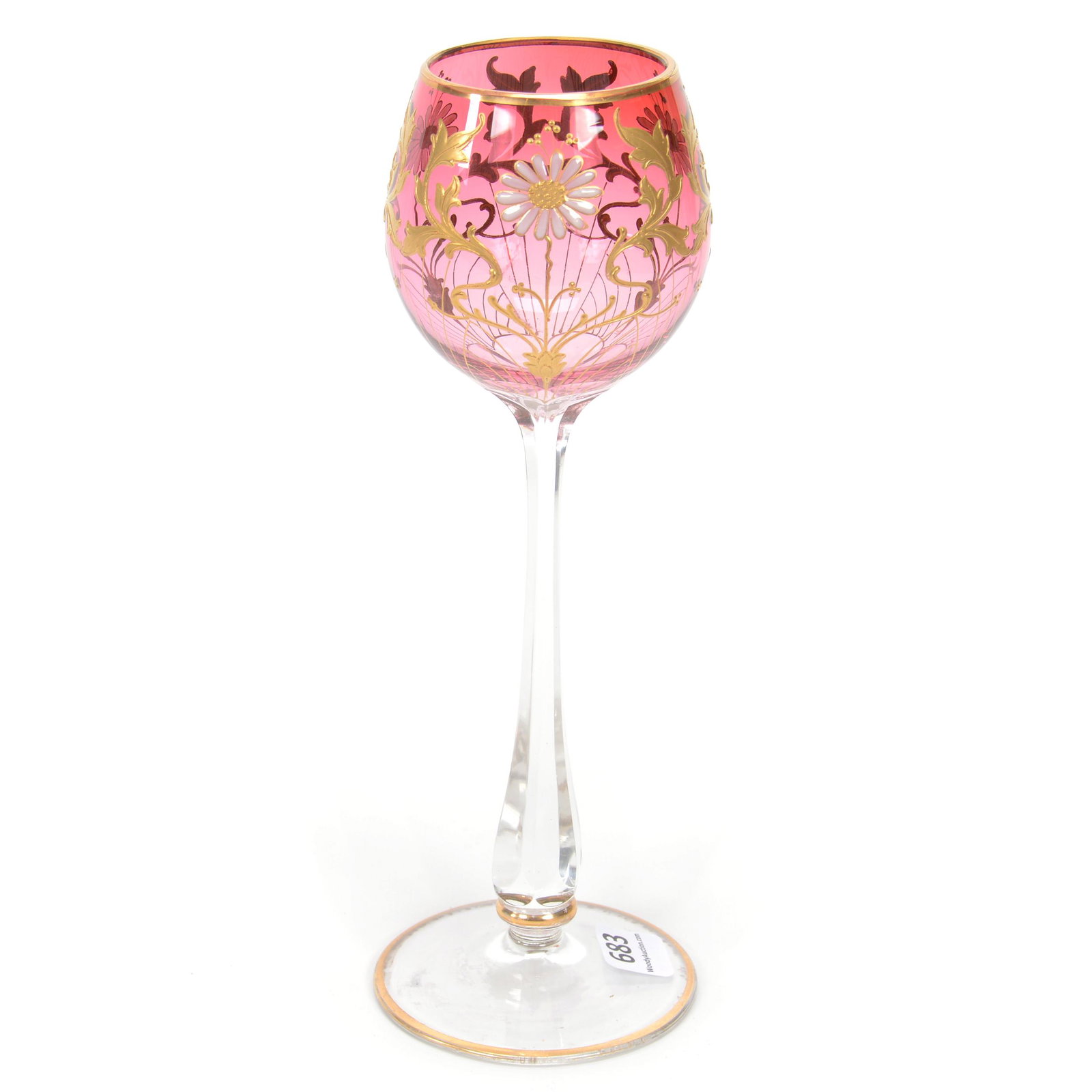 Wine Stem, Moser Style Art Glass: Wine Stem, Moser Style Art Glass, 9", Rubina, Enameled Art Nouveau Floral Decor, Gary Baldwin Collection