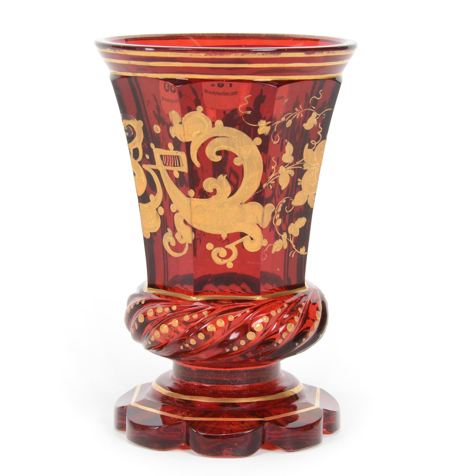 Beaker, Biedermeier Art Glass: Beaker, Biedermeier Art Glass, 4.75" x 3", Cased Cranberry, Heavy Gold Enamel Scroll And Floral Design, Circa 1840, Gary Baldwin Collection
