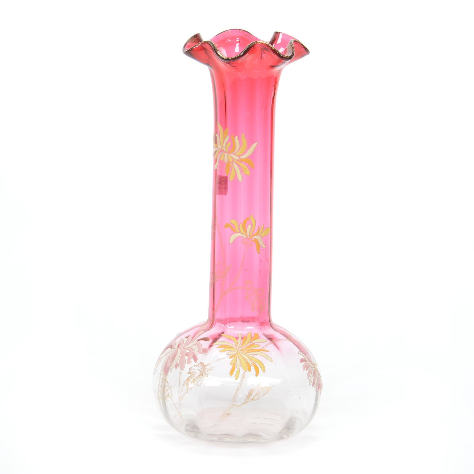 Vase, Moser Rubina Art Glass: Vase, Moser Rubina Art Glass, 14", Optic Ribbed, Enamel Floral Decor, Ruffled Rim, Circa 1920, Gary Baldwin Collection