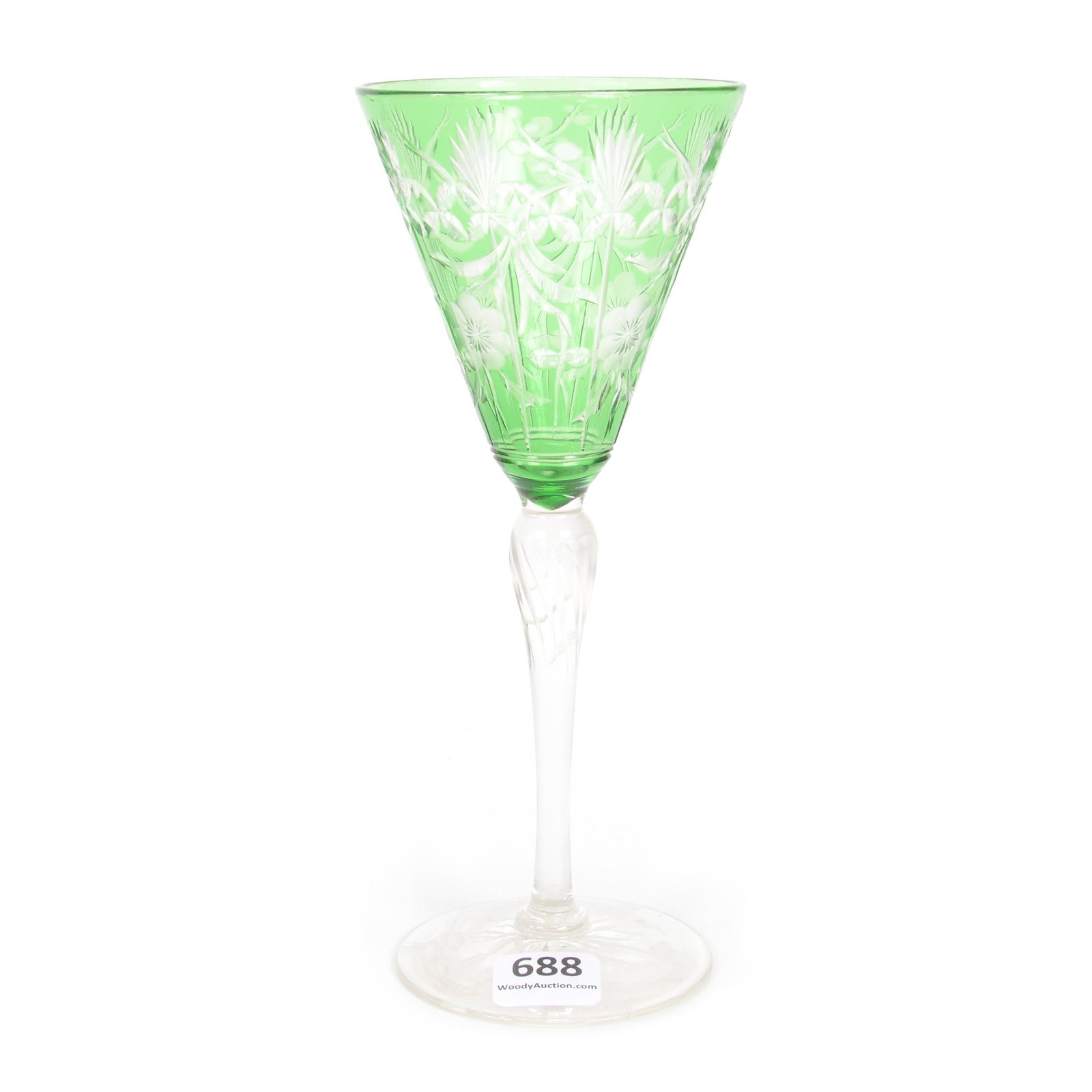 Wine Stem, Attributed To Stevens & Williams: Wine Stem, Attributed To Stevens & Williams, 7.25", Green Art Glass Engraved To Clear, Floral Design, Engraved Stem And Foot, Gary Baldwin Collection