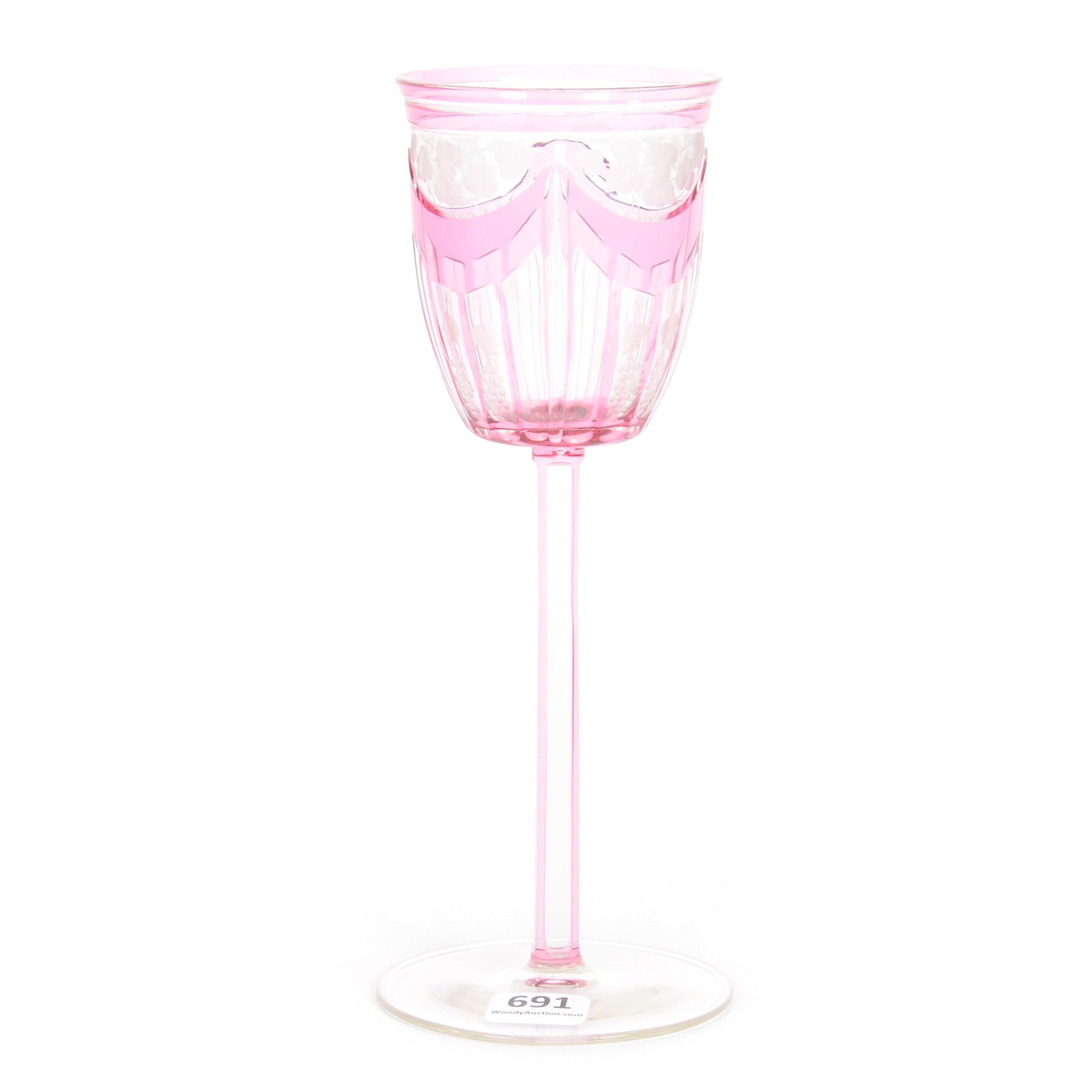 Wine Stem, Bohemian Art Glass: Wine Stem, Bohemian Art Glass, 8.25", Cranberry Cut To Clear, Engraved Vintage Motif, Colored Stem, Clear Foot, Circa 1925, Gary Baldwin Collection