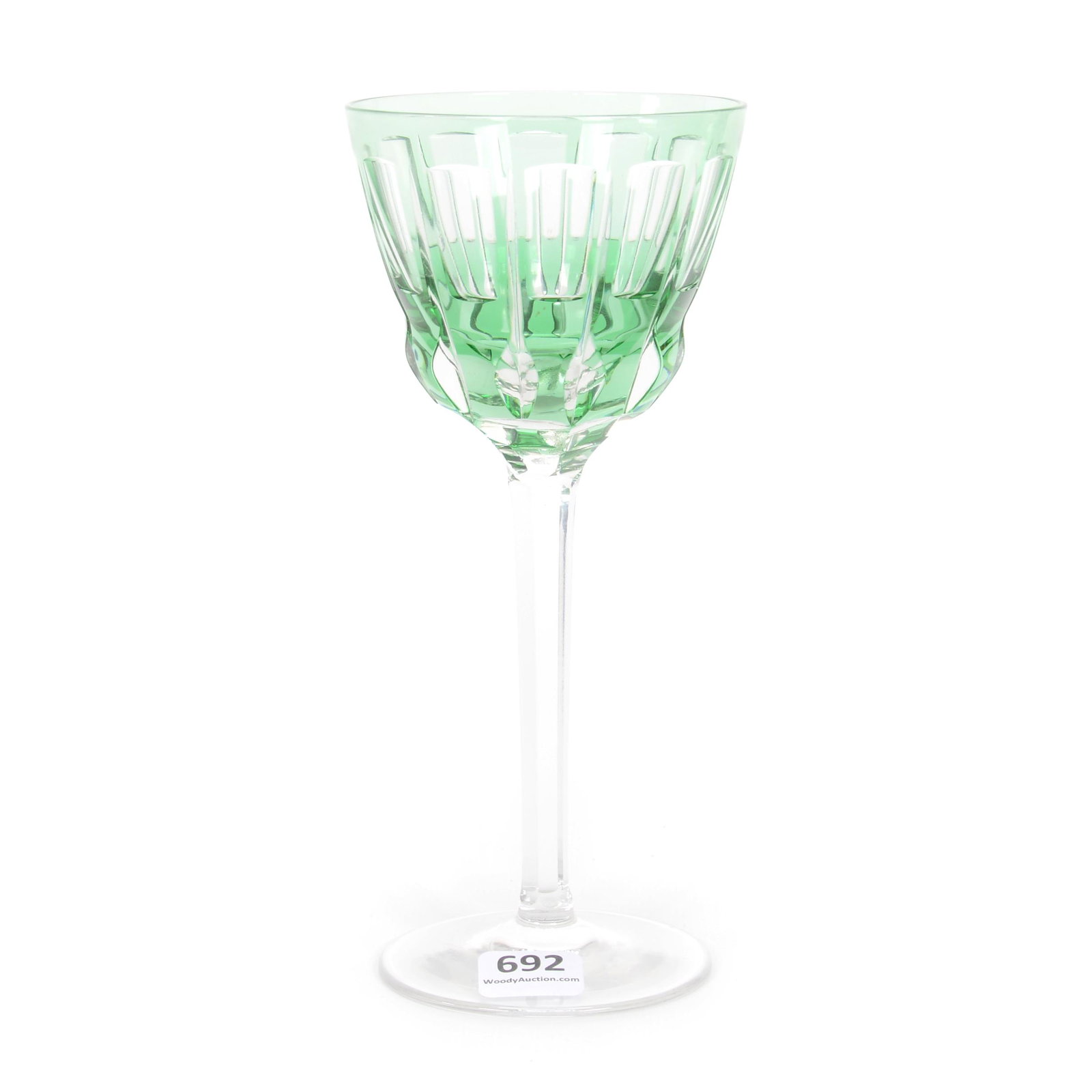 Wine Stem, Bohemian Art Glass: Wine Stem, Bohemian Art Glass, 7.25", Green Cut To Clear, Panel And Miter Motif, Clear Stem And Foot, Circa 1925, Gary Baldwin Collection