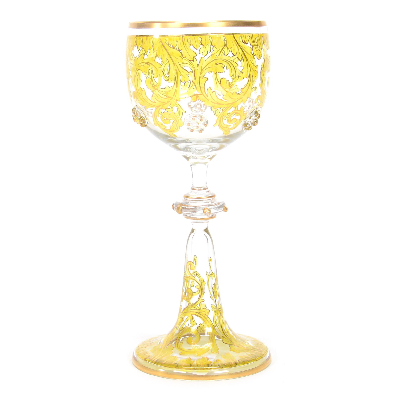 Wine Stem, Bohemian Art Glass: Wine Stem, Bohemian Art Glass, 6.5", Clear Crystal With Yellow Scroll And Gold Stencil Highlights, Applied Prunts, Circa 1885, Gary Baldwin Collection