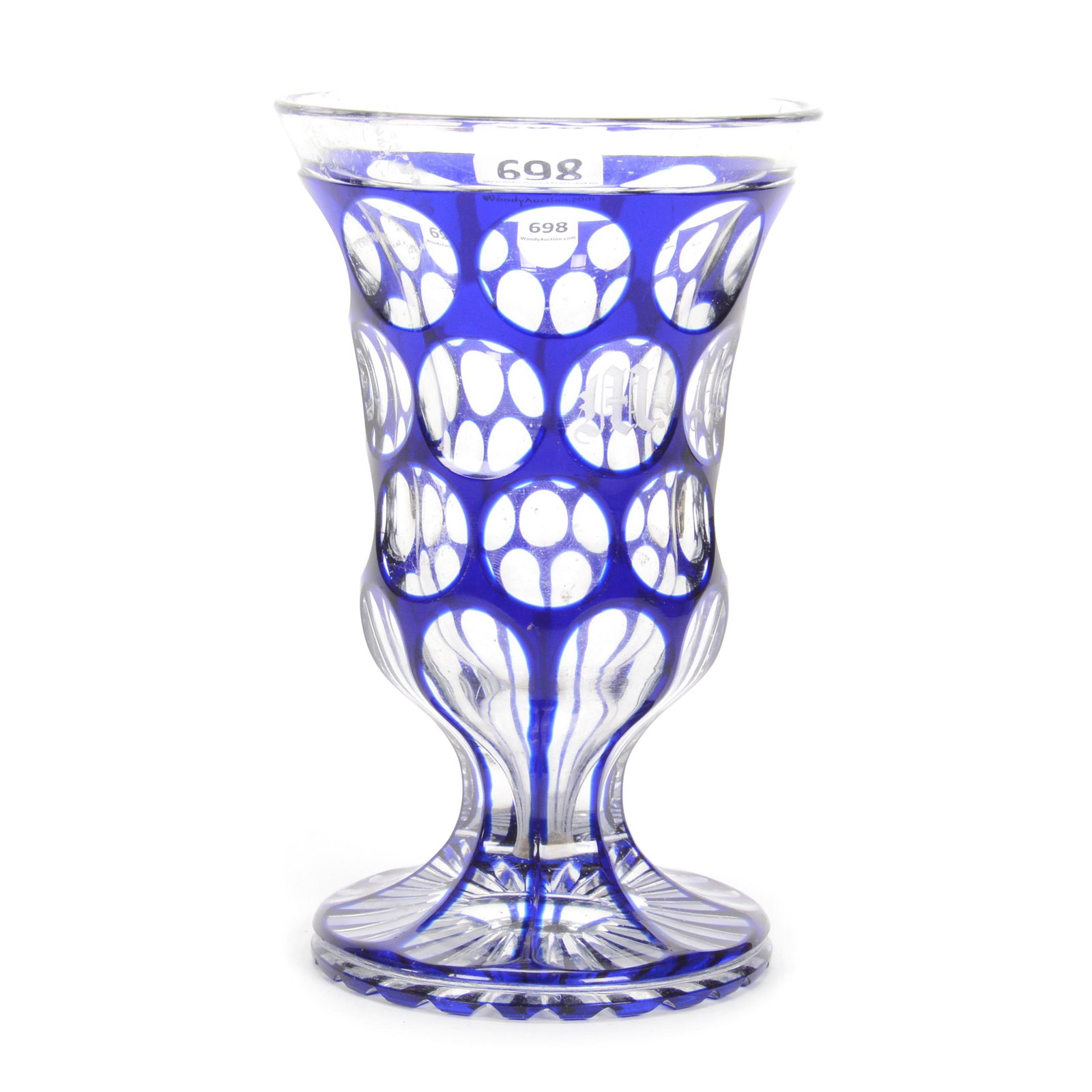 Footed Tumbler, Bohemian Blue Cut To Clear: Footed Tumbler, Bohemian Blue Cut To Clear, 5.5" x 3.5", Thousand Eye Design, Ray Cut Base, Circa 1860, Gary Baldwin Collection