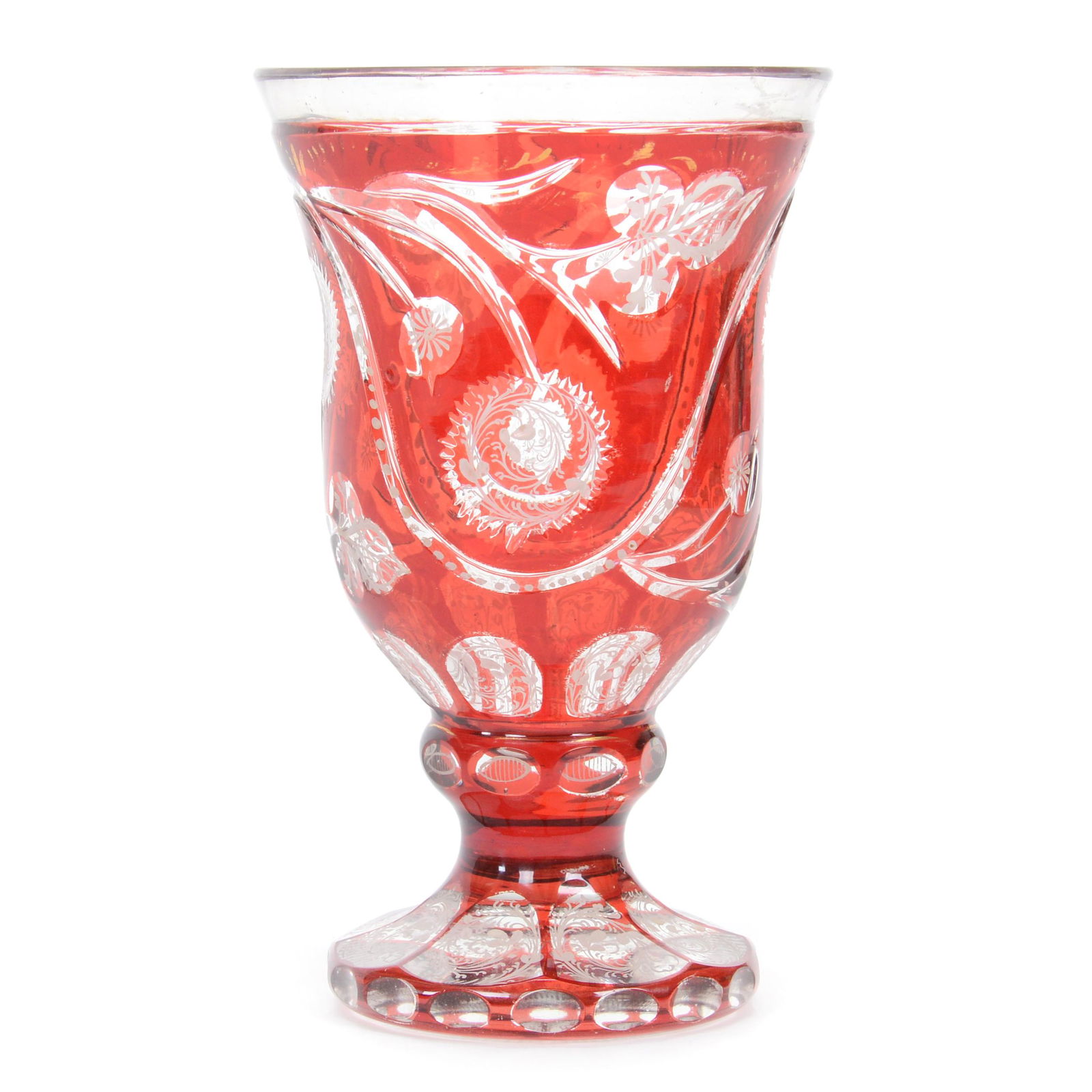 Footed Tumbler, Biedermeier Style Ruby Flash: Footed Tumbler, Biedermeier Style Ruby Flash, 6" x 3.5", Engraved Floral Design, Acid Etched Highlights, Circa 1870's, Gary Baldwin Collection