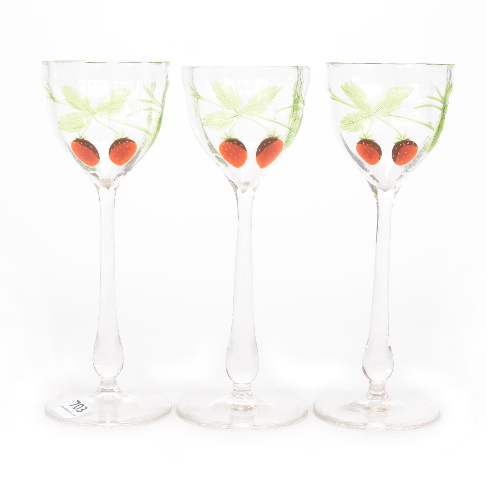 (3) Wine Stems, Moser Marquetry Art Glass: (3) Wine Stems, Moser Marquetry Art Glass, 7.75", Clear With Marquetry Strawberry And Engraved Stem Decor, Circa 1925, Gary Baldwin Collection