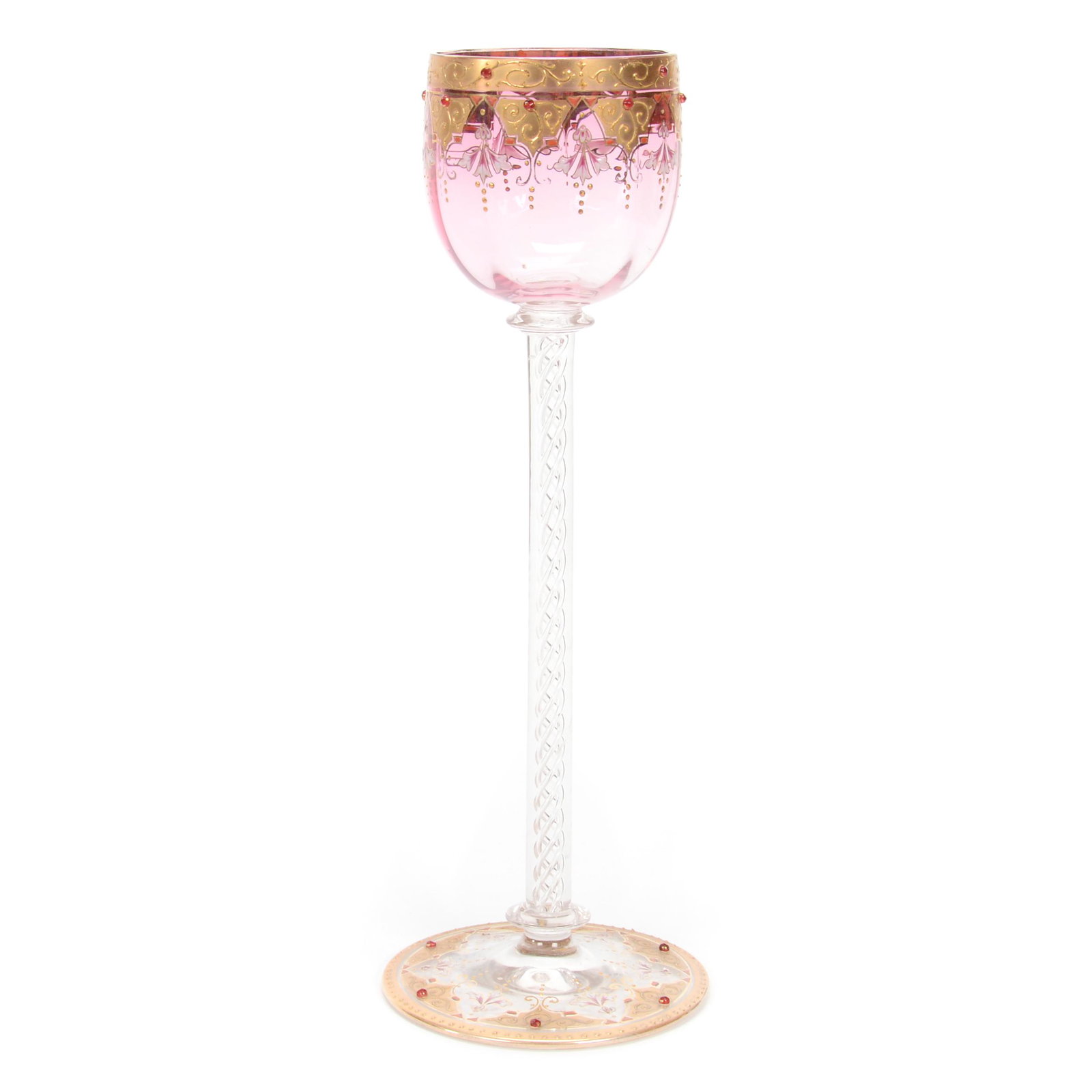 Wine Stem, Moser Pale Cranberry Art Glass: Wine Stem, Moser Pale Cranberry Art Glass, 10.5", Optic Ribbed Bowl, Air Twist Stem, Elaborate Gold Enamel With Applied Jewel Highlights, Circa 1885, Gary Baldwin Collection