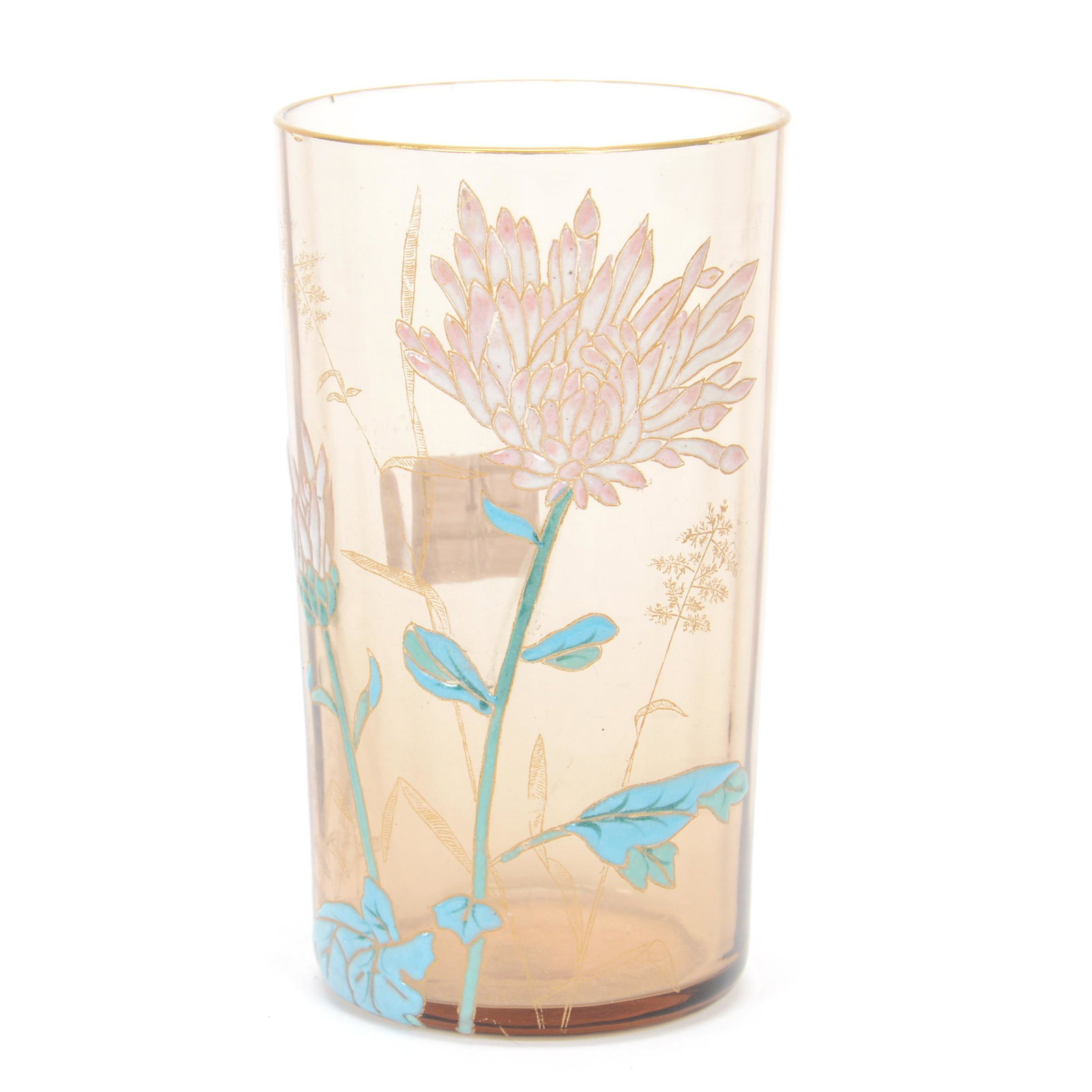 Tumbler, Moser Amber Art Glass: Tumbler, Moser Amber Art Glass, 4.5", Optic Ribbed, Heavy Enamel Floral Decor, Gary Baldwin Collection