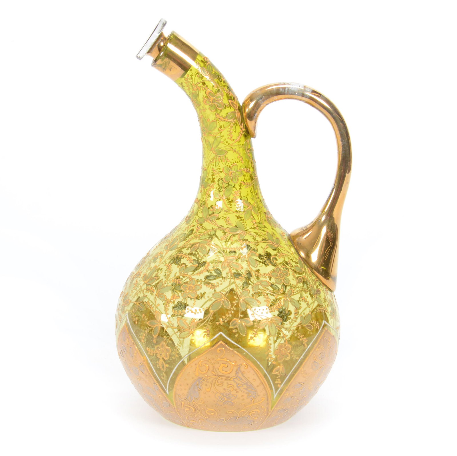 Gourd Shaped Decanter, Moser Green Art Glass: Gourd Shaped Decanter, Moser Green Art Glass, 7.75", Heavy Enamel Gold Floral Decor, Original Stopper, Circa 1885, Gary Baldwin Collection