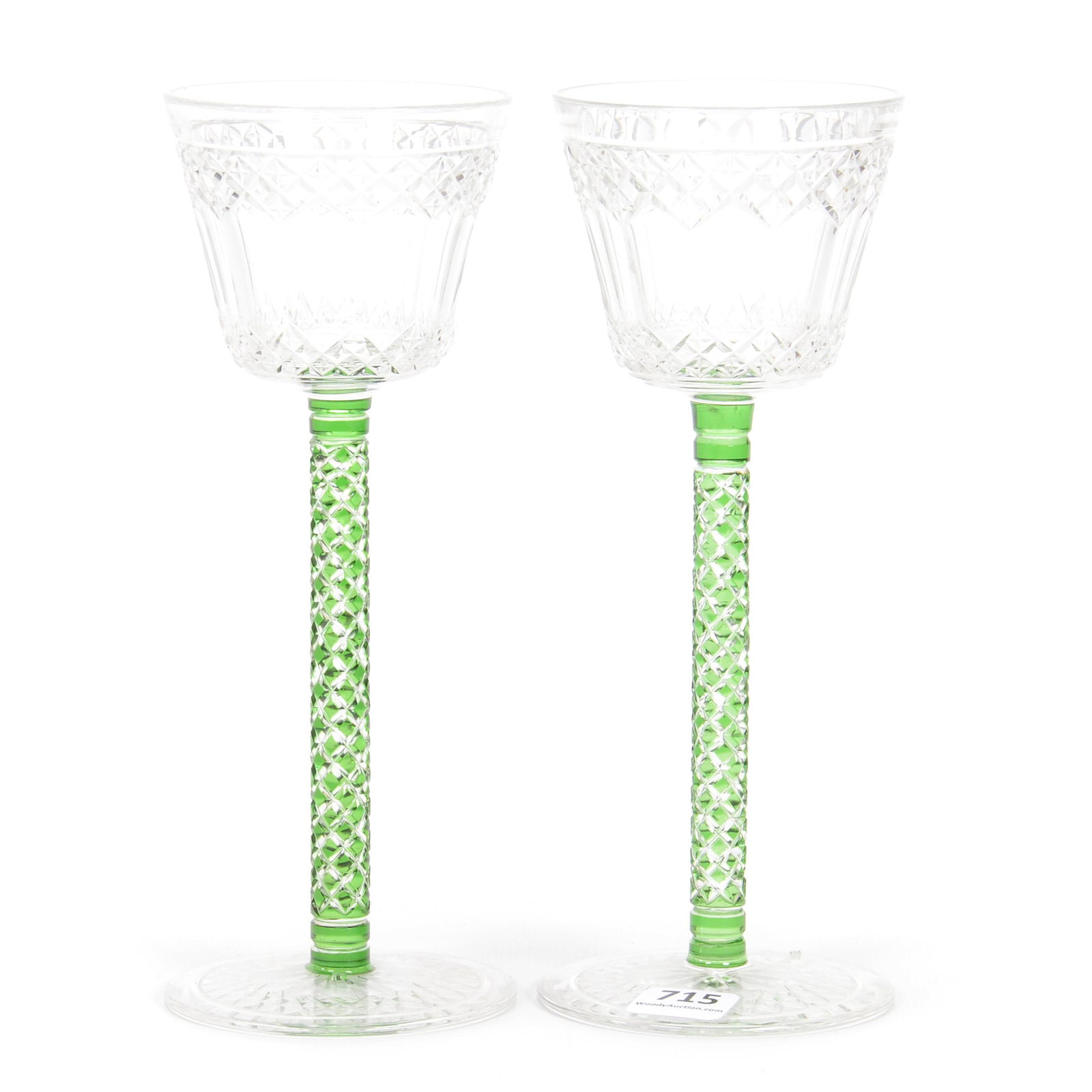 (2) Wine Stems Possibly Baccarat: (2) Wine Stems Possibly Baccarat, 8", Clear Bowl And Foot With Diamond Cut Design, Colored Green To Clear Diamond Cut Stem, Gary Baldwin Collection