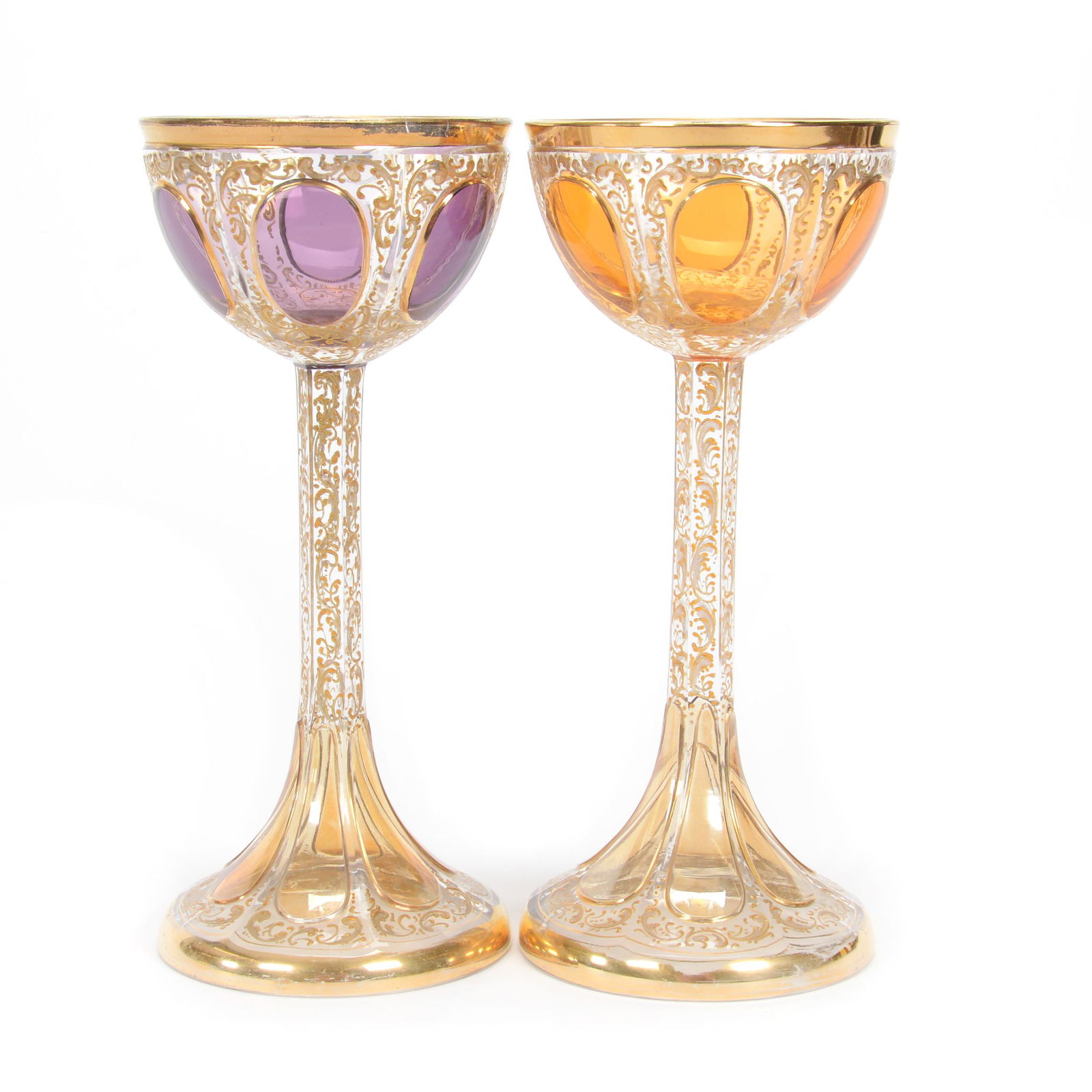 (2) Toasting Goblets, Moser Art Glass: (2) Toasting Goblets, Moser Art Glass, 8.75", Clear With Colored Cabochon Highlights, Enamel Floral Decor, (1) Apricot, (1) Amethyst, Gary Baldwin Collection