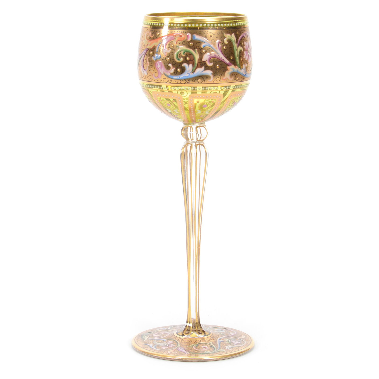 Wine Stem, Moser Green Art Glass Bowl: Wine Stem, Moser Green Art Glass Bowl, 8.25", Clear Stem And Foot, Finest Example Of Colorful Enamel Scroll And Floral Design, Must See, Gary Baldwin Collection