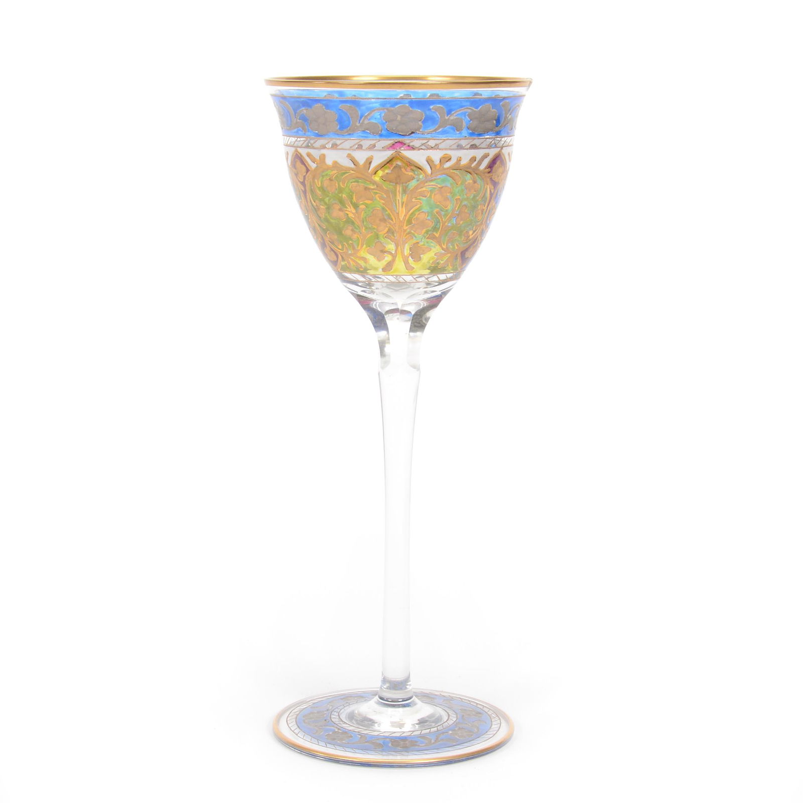 Wine Stem, Fritz Heckert Art Glass: Wine Stem, Fritz Heckert Art Glass, 8", Clear Engraved Floral With Colored Highlights, Circa 1885, Gary Baldwin Collection