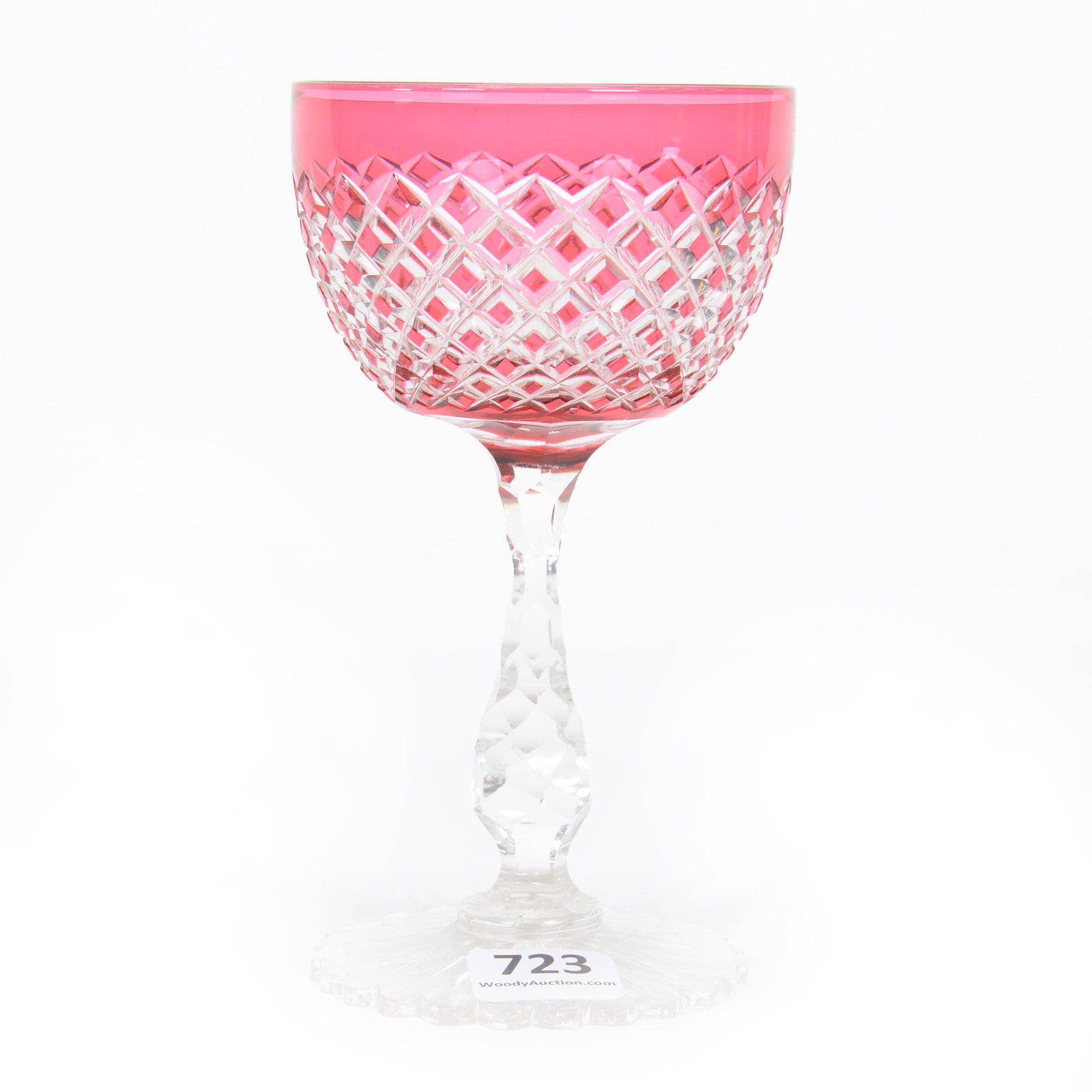 Wine Stem, Brilliant Period Cut Glass: Wine Stem, Brilliant Period Cut Glass, 5.25", Cranberry Cut To Clear, Diamond Cut Motif, Ray Cut Scalloped Foot, Gary Baldwin Collection