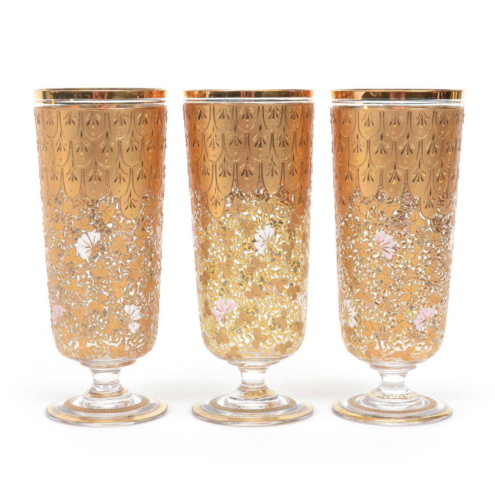 (3) Pedestal Tumblers, Moser Art Glass: (3) Pedestal Tumblers, Moser Art Glass, 6.75", Clear With Extensive Gold Enamel Floral Decor, Circa 1885, Gary Baldwin Collection