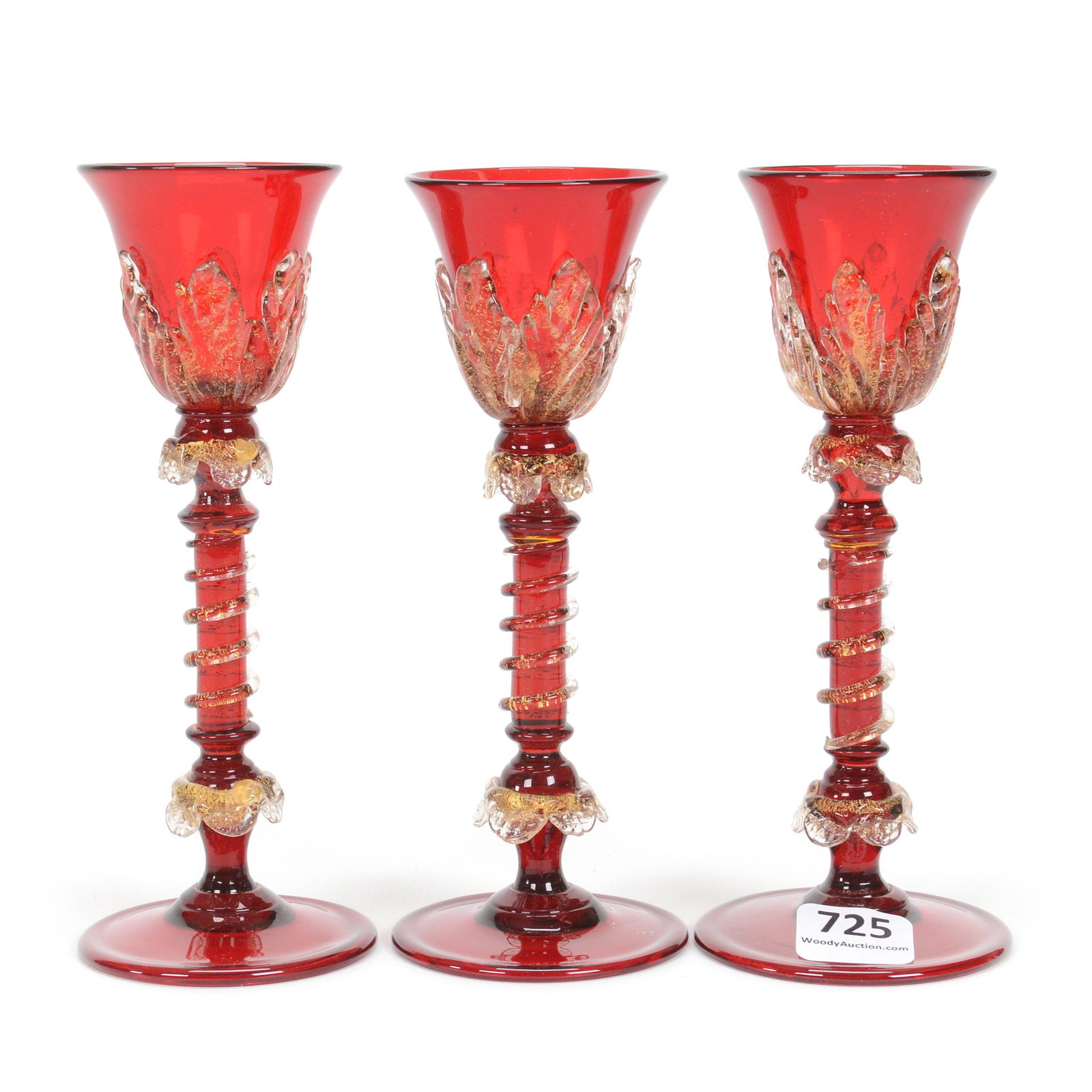 (3) Cordial Stems, Murano Art Glass: (3) Cordial Stems, Murano Art Glass, 6", Selenium Red With Applied Leaf And Gold Speck Highlights, Circa 1900, Gary Baldwin Collection