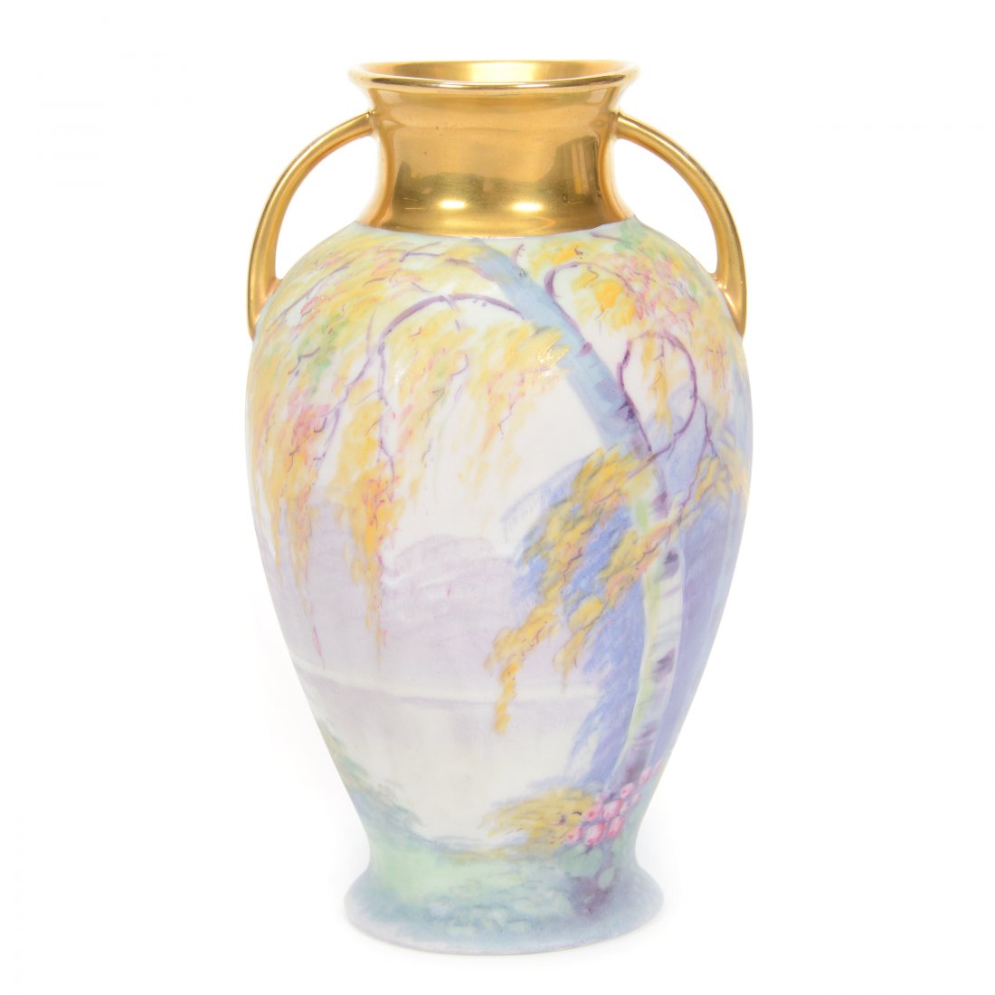 Vase Marked Pickard, Scenic Vellum, Two Handles: Vase Marked Pickard, Scenic Vellum, Two Handles, 6.25" x 3.75", Scenic Decor of Birch Trees, Yellow Leaves, Lake & Mountains, Artist Signed "Marker" for Curtis Marker, Circa 1912-1918, Interior Rim Ha