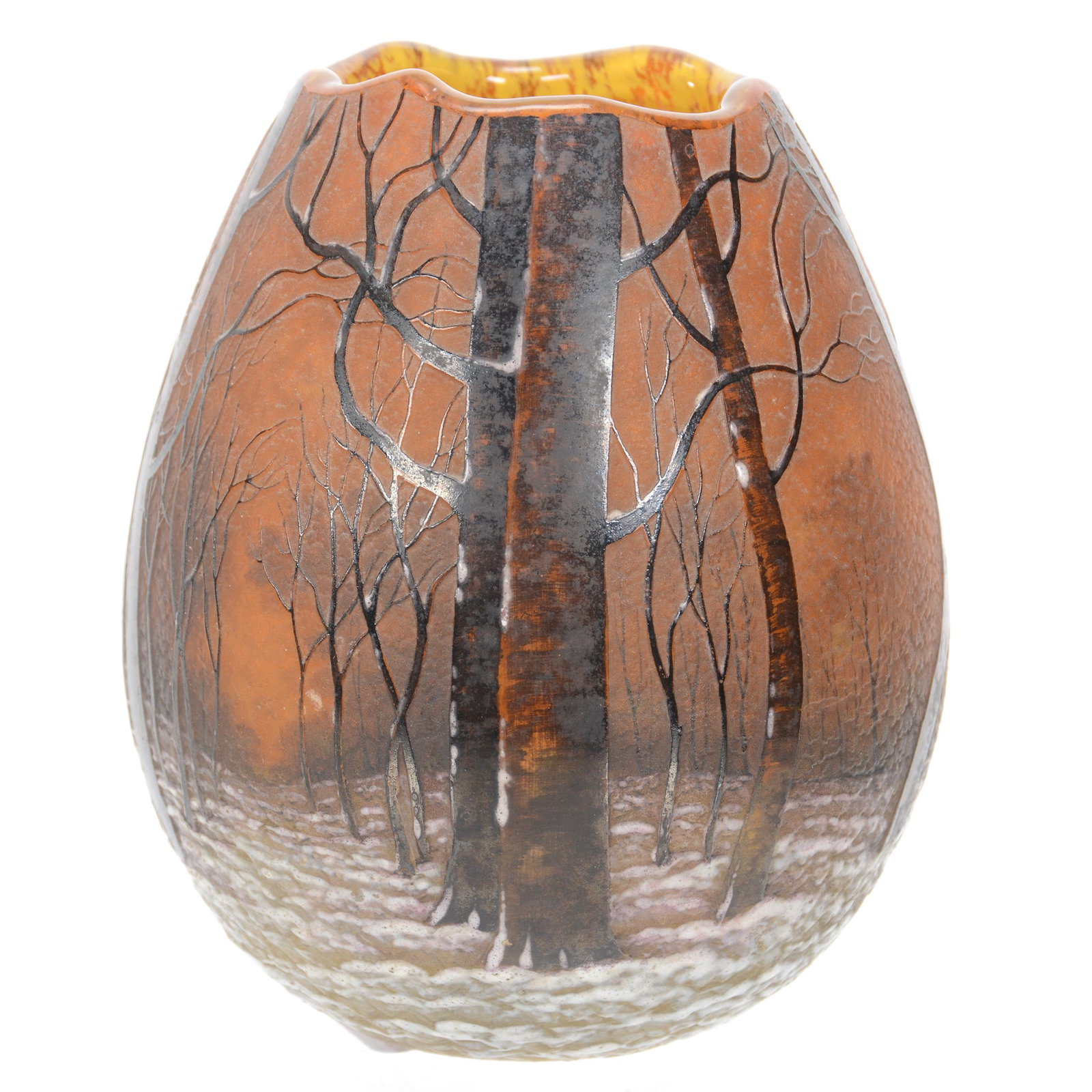 Vase, French Cameo Art Glass Signed Daum Nancy: Vase, French Cameo Art Glass Signed Daum Nancy, 5" X 4", Winter Season Decor, Rare Egg Form, Nebraska Collection Of Ron & Pam Blessing
