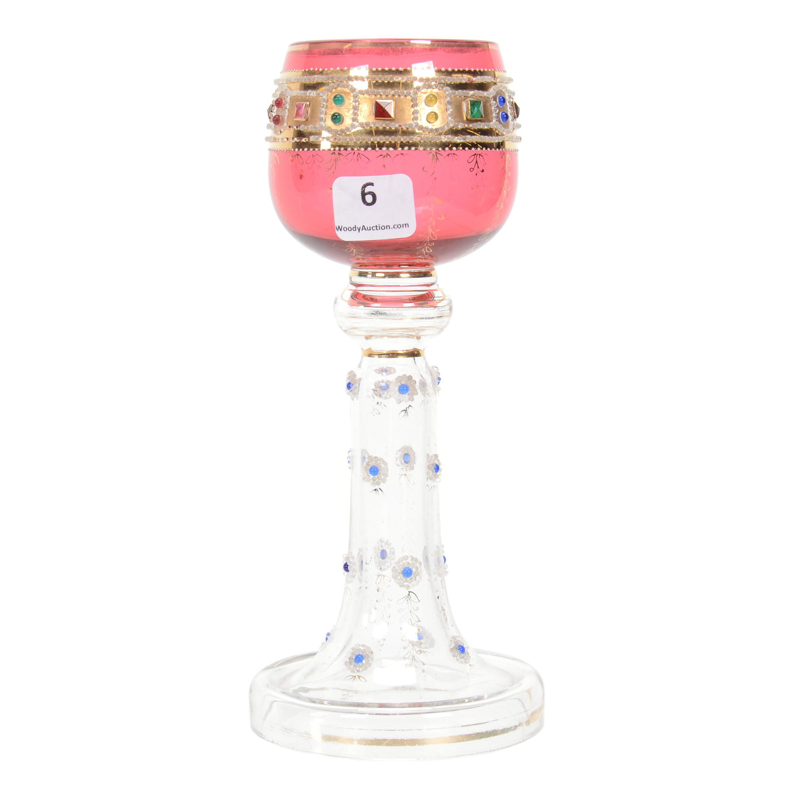 Wine Stem, Cranberry Art Glass Bowl: Wine Stem, Cranberry Art Glass Bowl, 7.75", Applied Colorful Jewel Highlights Around Bowl, Clear Stem And Foot, Nebraska Collection Of Ron & Pam Blessing