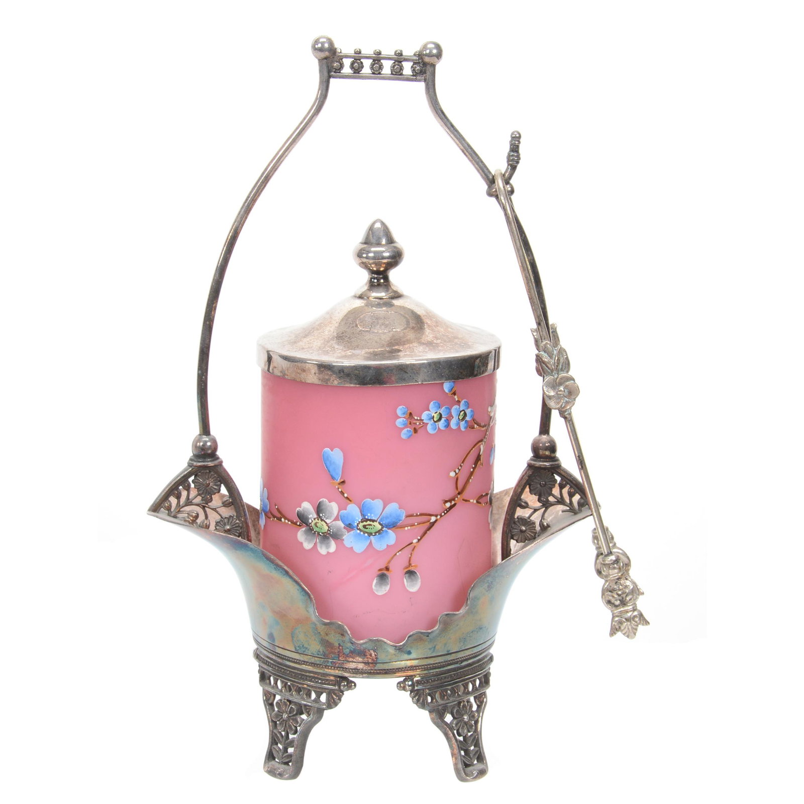 Victorian Pickle Castor, Cased Satin Art Glass Insert: Victorian Pickle Castor, Cased Satin Art Glass Insert, 10.25", Pink Satin With Enamel Branch And Blossom Decor, Set On Rogers #449 Silverplate Frame, Nebraska Collection Of Ron & Pam Blessing