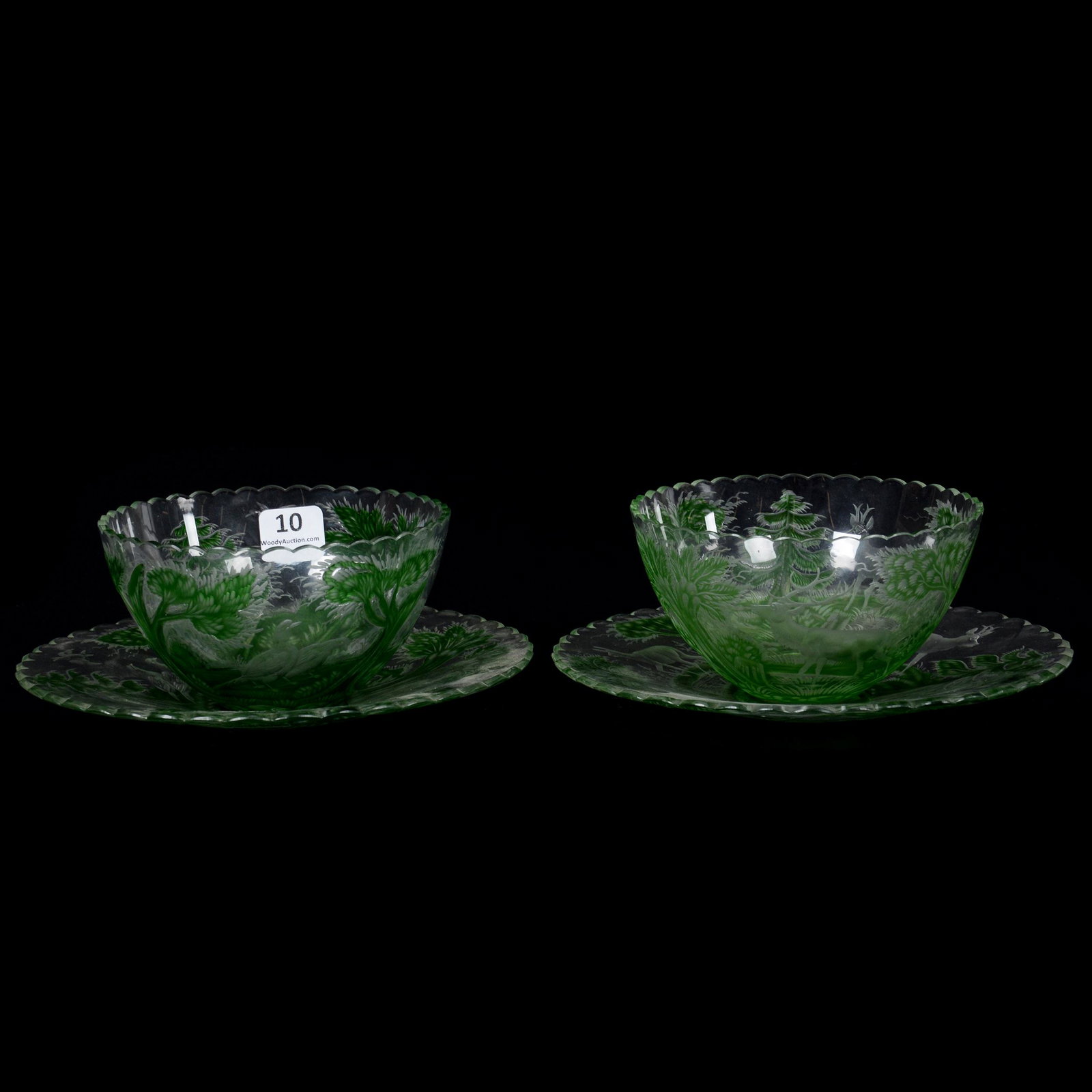 (2) Fingerbowls/Plates, Attributed To Moser Art Glass: (2) Fingerbowls/Plates, Attributed To Moser Art Glass, 2.75" X 6.75", Quality Green Engraved To Clear Finger Bowls with Matching Underplates, (1) Set Features Stag & Doe Decor, (1) Set Features Game B
