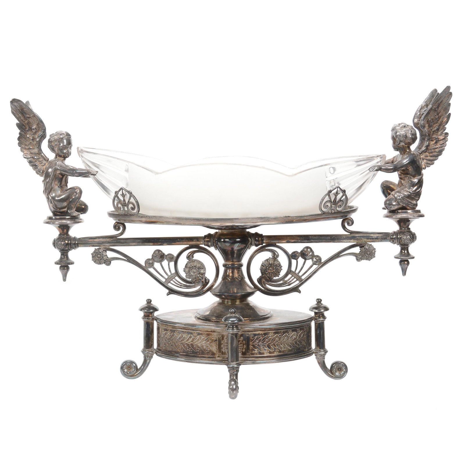 Victorian Brides Basket, Unusual Bowl And Stand: Victorian Brides Basket, Unusual Bowl And Stand, 12.75" X 18", 13.25" Oval Clear And Frosted Pattern Glass Bowl Insert, Set On Elaborate Reed & Barton #3390 Silverplate Stand Featuring Two Full Figure