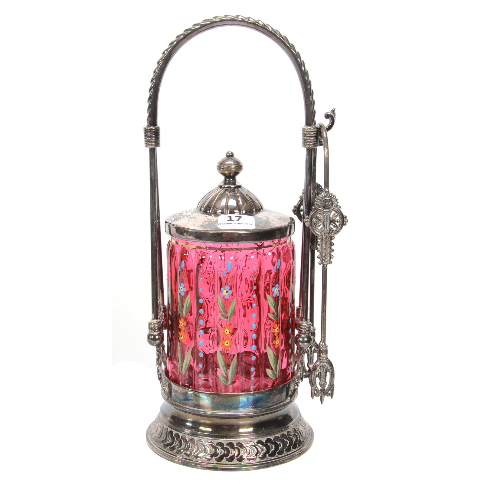 Victorian Pickle Castor, Cranberry Art Glass Insert: Victorian Pickle Castor, Cranberry Art Glass Insert, 10.75", Ribbed Coinspot With Enamel Floral Decor, Set On Meriden #244 Silverplate Frame, Nebraska Collection Of Ron & Pam Blessing