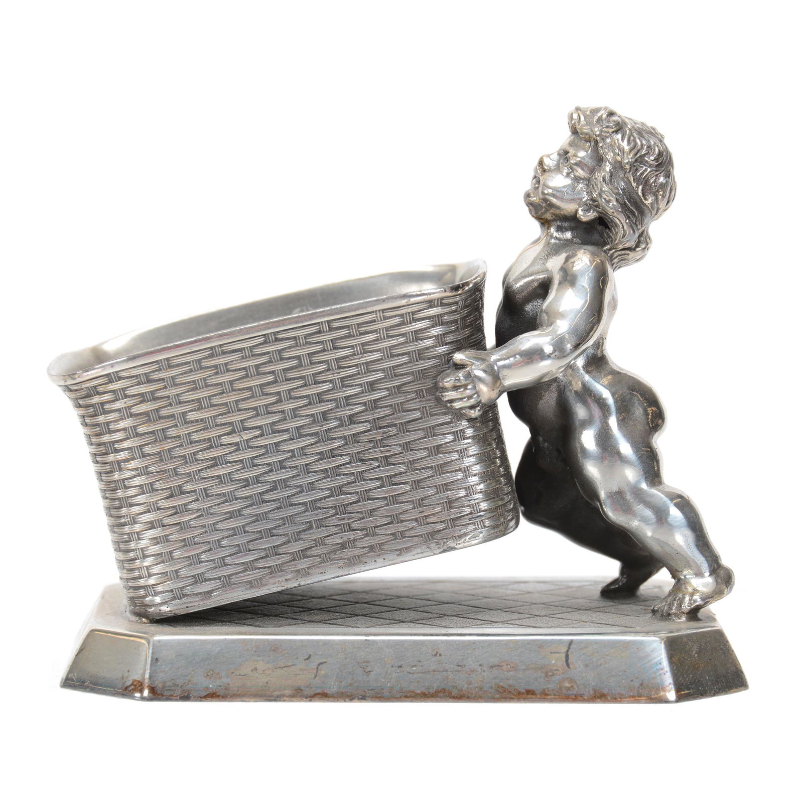 Victorian Silverplate Toothpick Holder: Victorian Silverplate Toothpick Holder, 3.25" X 3.75", Child With Basket, Marked Tufts #2668 Silverplate, Nebraska Collection Of Ron & Pam Blessing