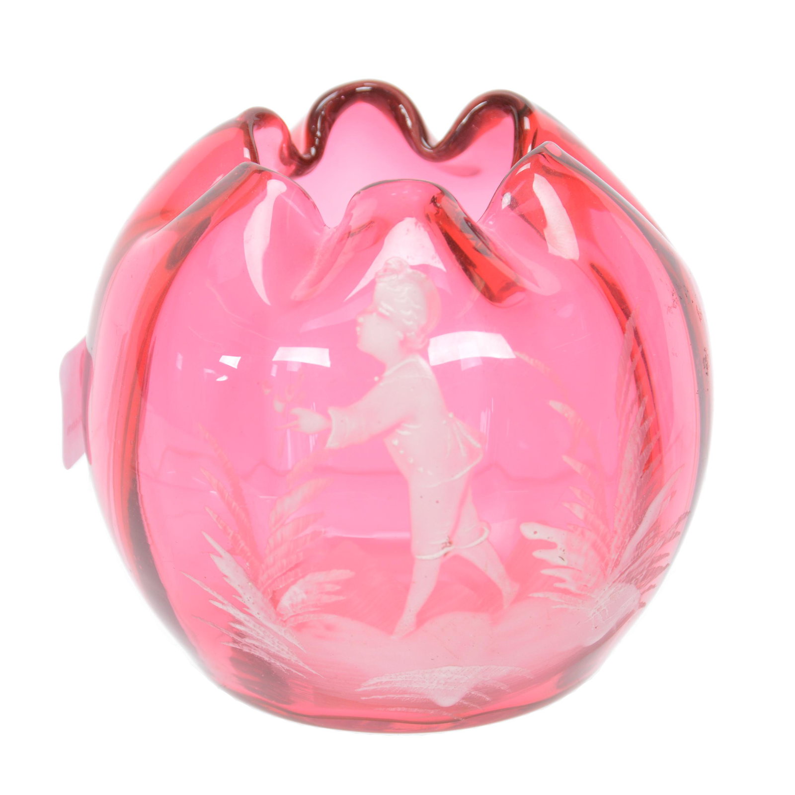 Rose Bowl, Cranberry Art Glass: Rose Bowl, Cranberry Art Glass, 3" X 3.25", Mary Gregory Scenic Decor, Polished Pontil Base, Nebraska Collection Of Ron & Pam Blessing