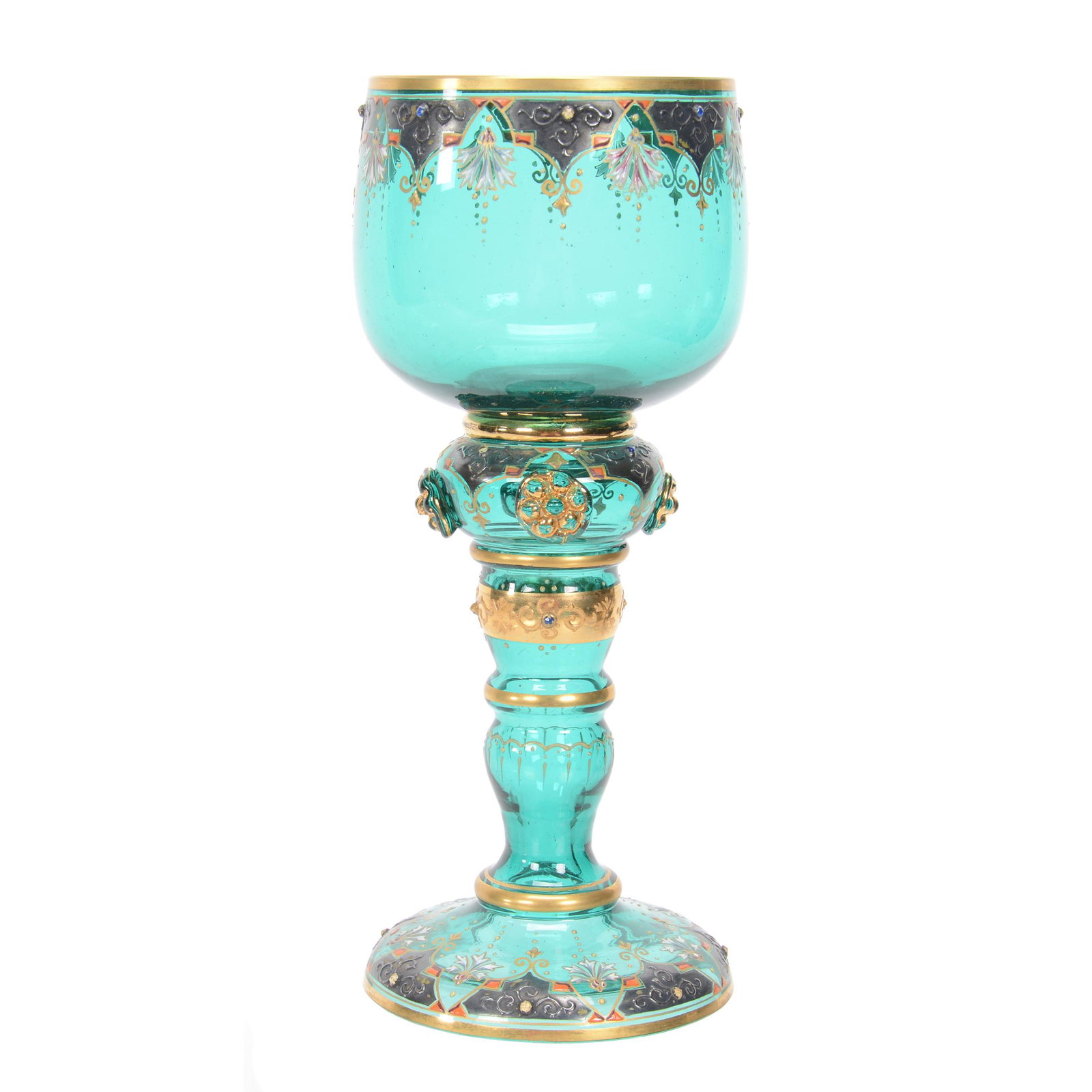 Wine Stem, Moser Art Glass: Wine Stem, Moser Art Glass, 8.75", Solid Turquoise With Gold And Silver Enamel Decor, Applied Jeweled Highlights, Nebraska Collection Of Ron & Pam Blessing