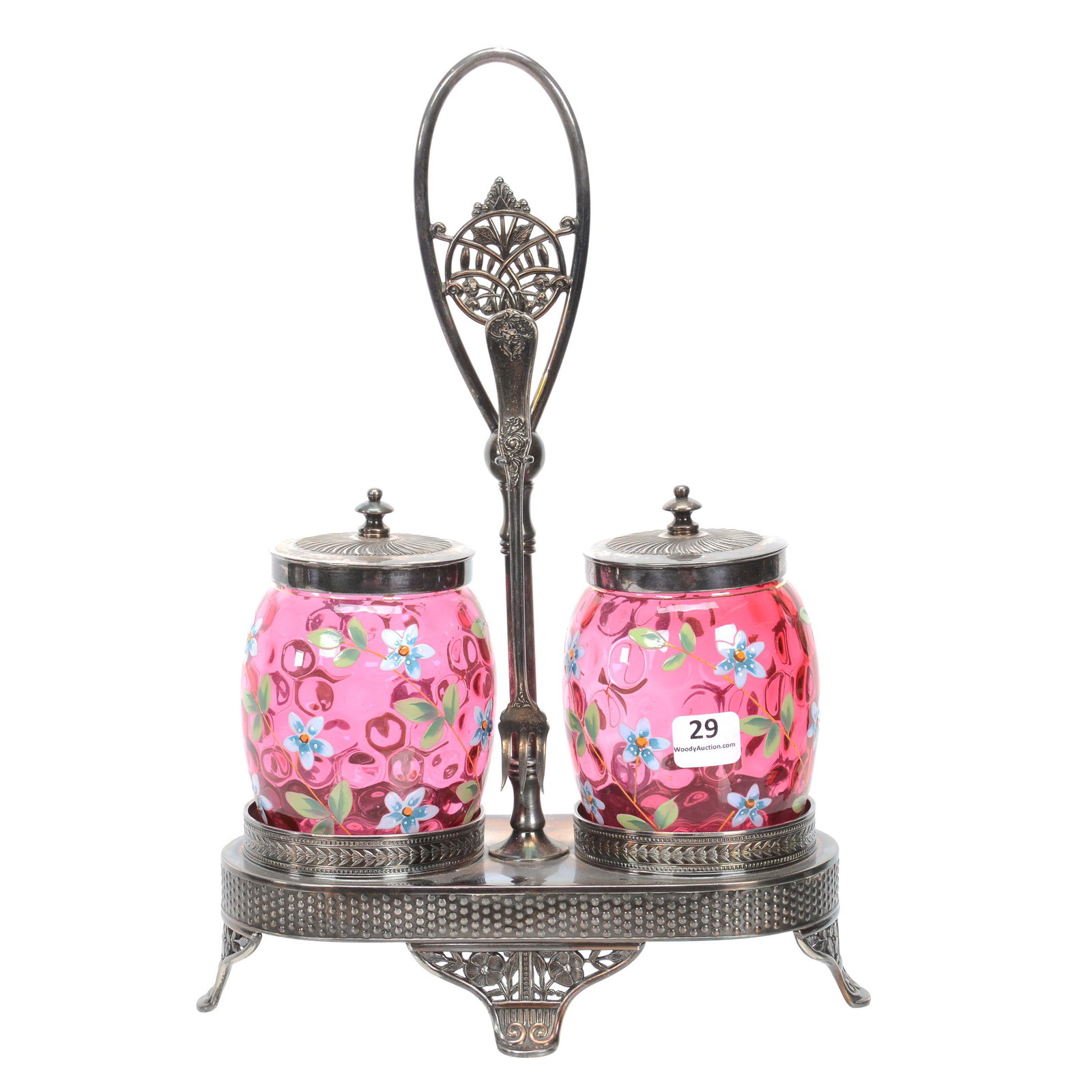 Victorian Double Castor Set, Cranberry Art Glass: Victorian Double Castor Set, Cranberry Art Glass, 13" X 9", Coinspot Inserts With Enamel Floral Decor, Set On Pairpoint #651 Silverplate Frame, Nebraska Collection Of Ron & Pam Blessing