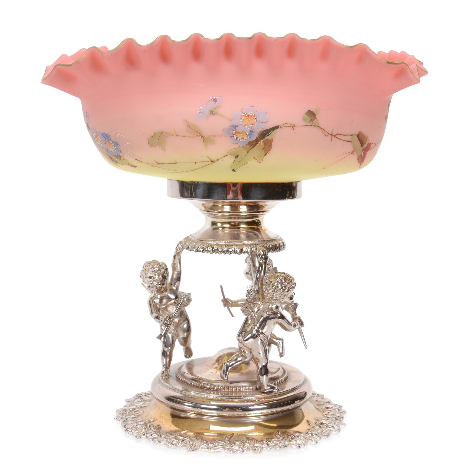 Brides Basket, Mt. Washington Burmese Art Glass Bowl: Brides Basket, Mt. Washington Burmese Art Glass Bowl, 11.75" X 10", TreFoil Ruffled Bowl With Enamel Floral Decor, Set On Derby #1254 Silverplate Stand Featuring Three Cherubs Uplifting Bowl, Nice Fit