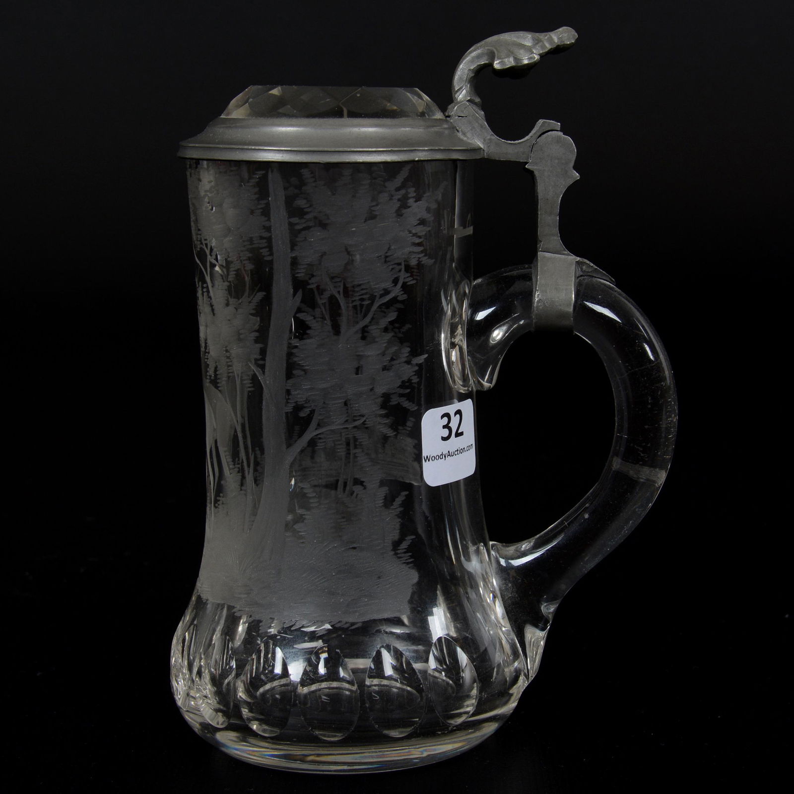 Stein, Clear Bohemian Art Glass Engraved: Stein, Clear Bohemian Engraved Art Glass, 6.5", Stag Decor Engraved; Facet Cut Gem Lid With Pewter Fittings, Collection Of Sylvia And The Late Nolan Jackson