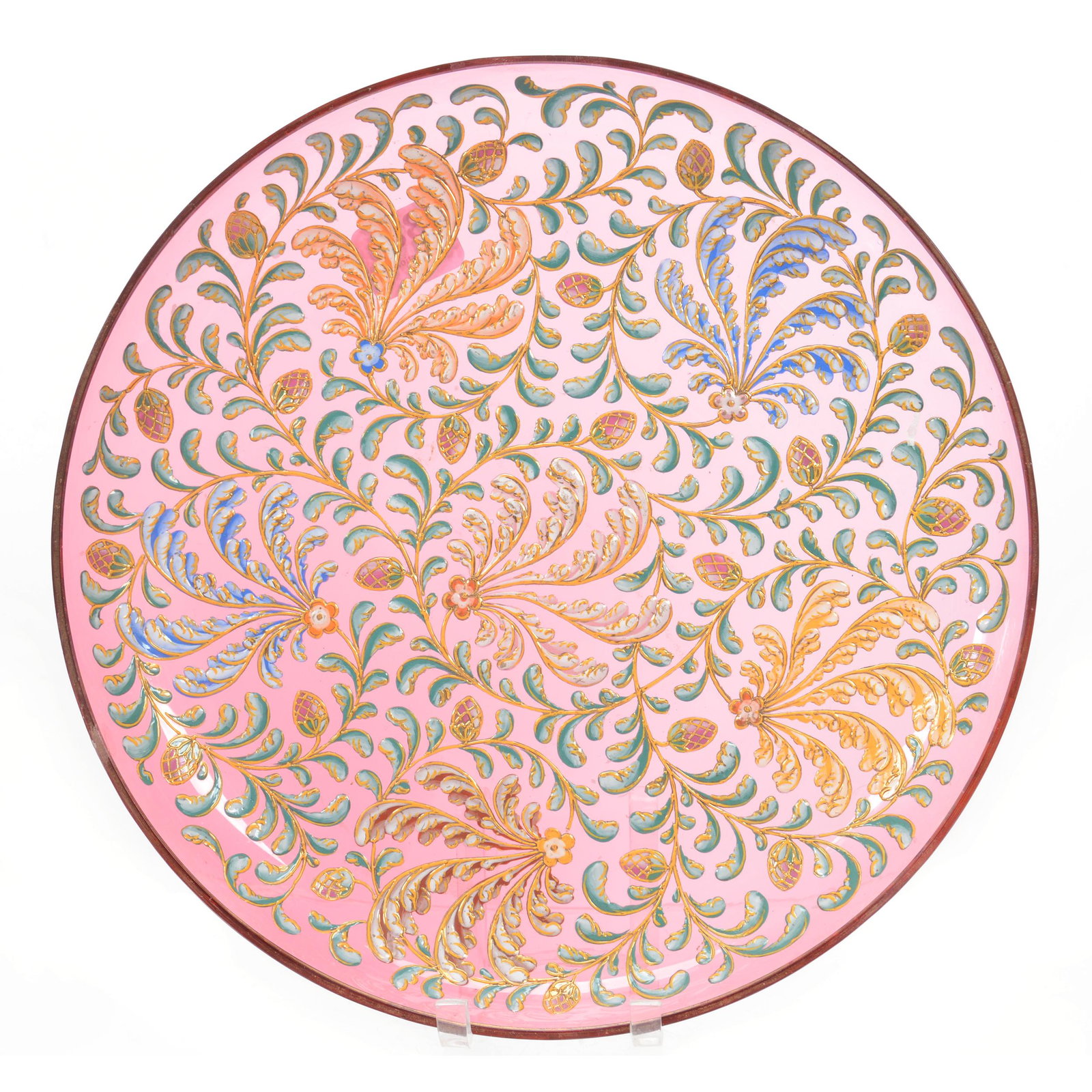 Round Tray, Moser Cranberry Art Glass: Round Tray, Moser Cranberry Art Glass, 8.25", Colorful Enamel Vine And Fruit Decor, Same Design As Lot #39, Nebraska Collection Of Ron & Pam Blessing